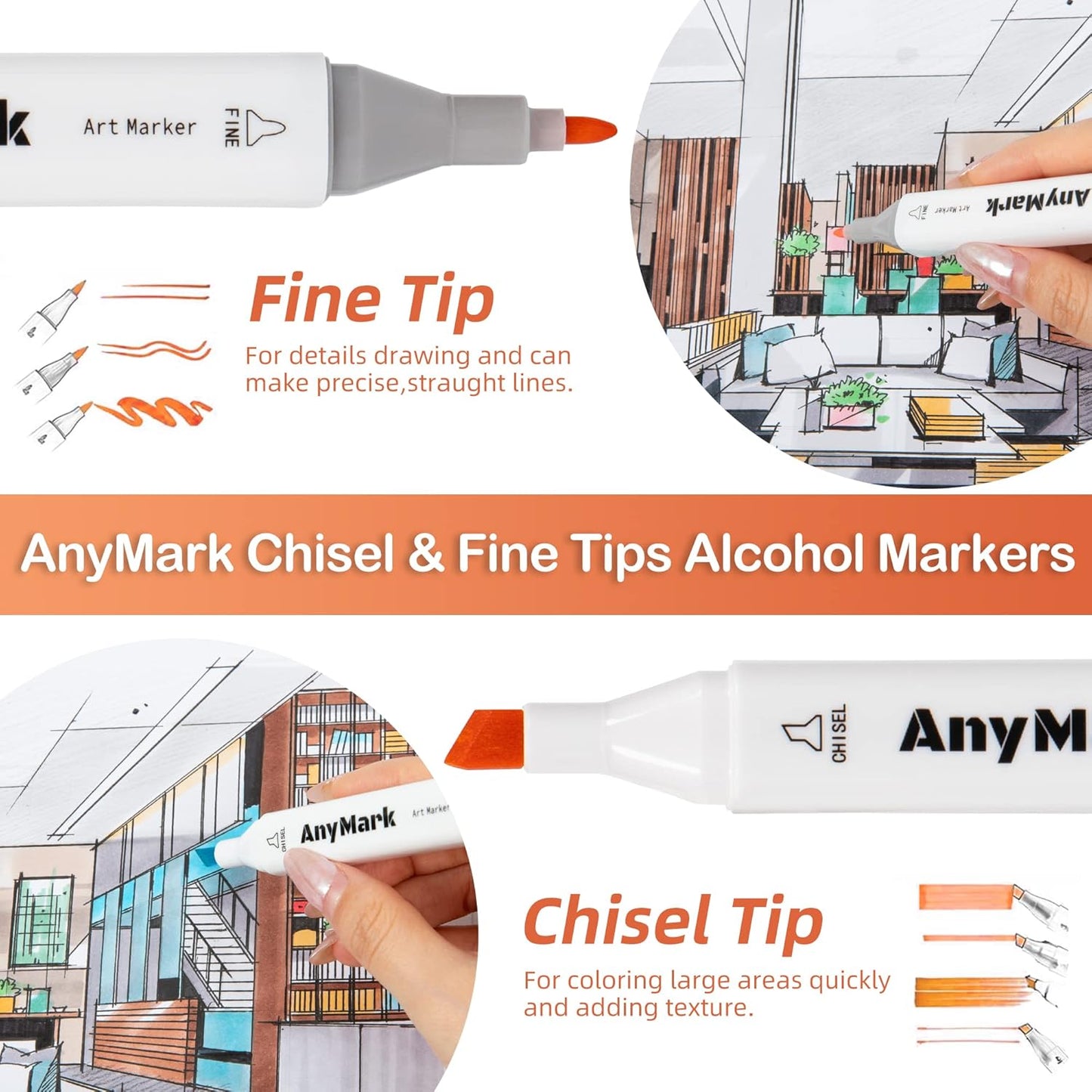 AnyMark Alcohol Markers, 100 Colors Dual Tip Art Coloring Markers Set for Kids Adult Book Drawing Sketching Painting, Chisel & Fine, White Penholder