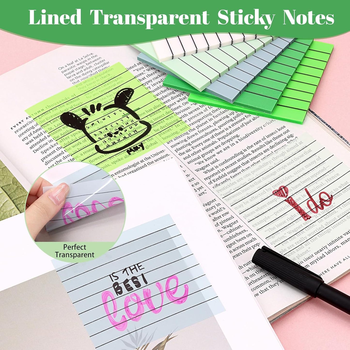 3x3 Inch Transparent Sticky Notes 300 Sheets, Clear Translucent Lined Self-Adhesive Memo Repositionable Reminder Pad for Office, College Students, Planners, Journals, School Supplies (Green)