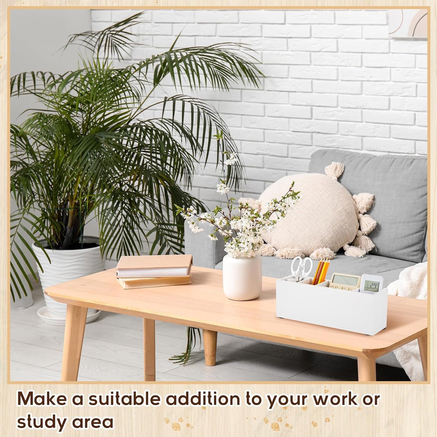 Jetec Wooden Pencil Holder 5 Compartments for Desk Adjustable Pen Holder Wood Office Desk Organizers and Accessories Makeup Brush Organizer for Pen, Home, Office and Art Supplies (White)