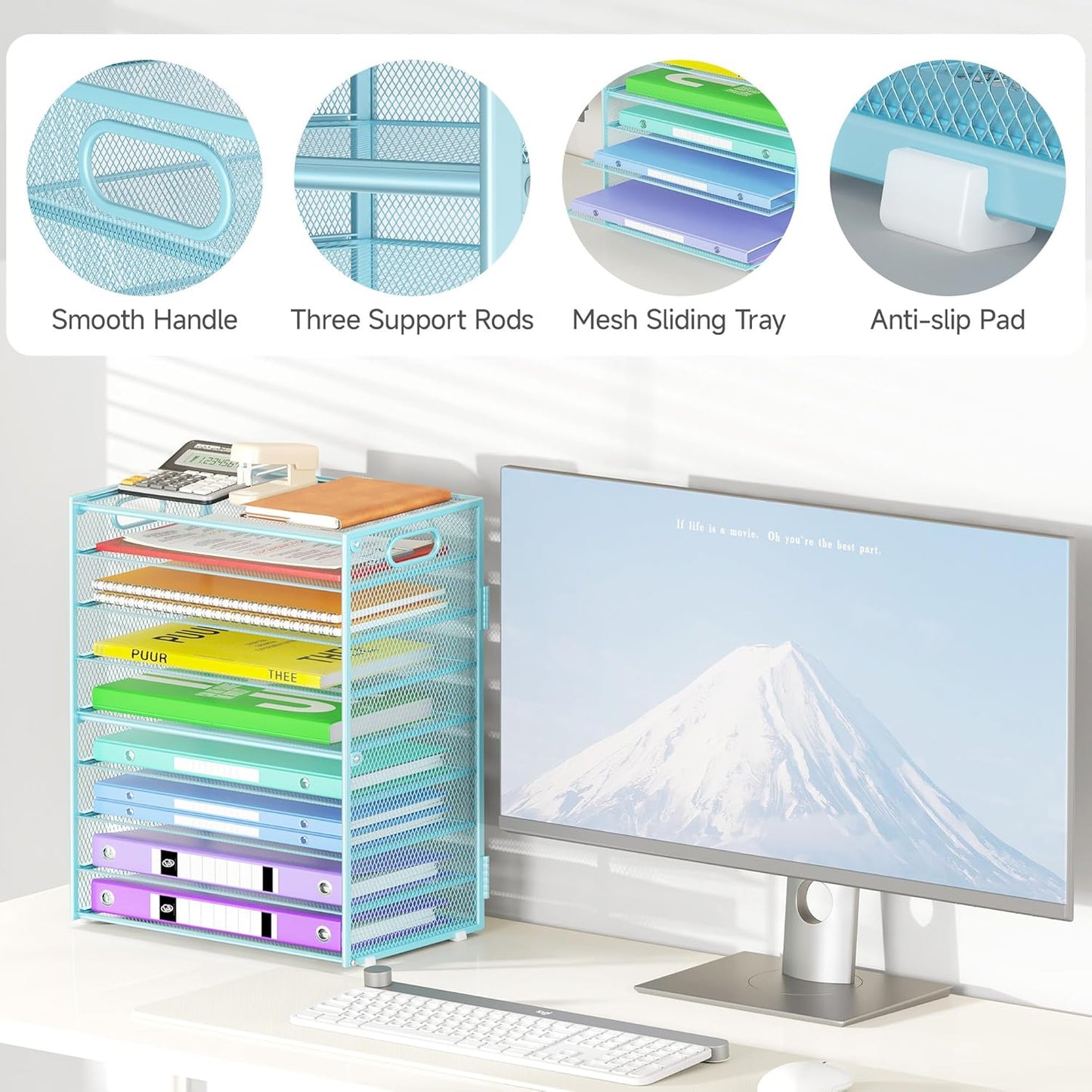 9 Tier Paper Organizer with Handle, Large Capacity Desk Organizer Mesh File Folder Letter Paper Tray Desktop Document Sorter for Classroom, School, and Office Accessories Organization- Blue