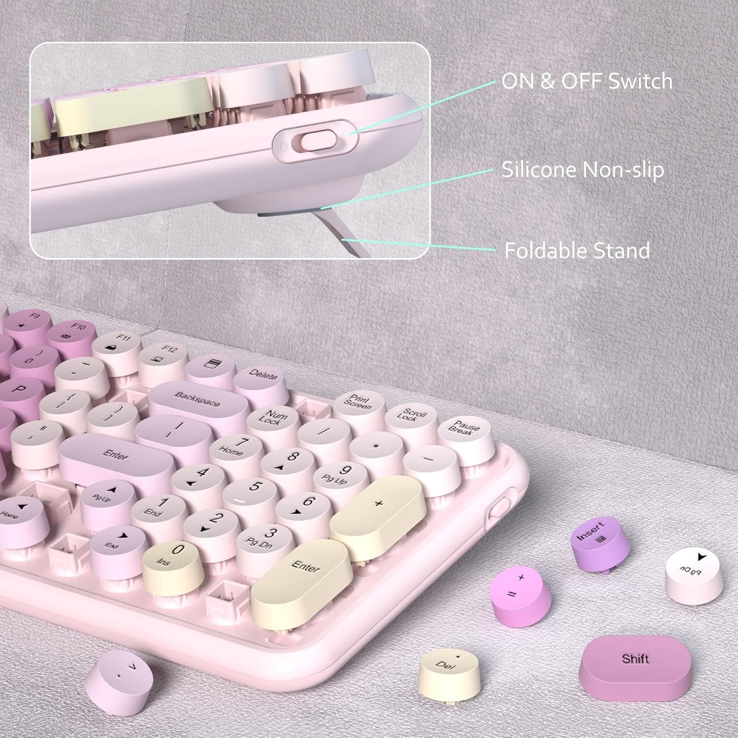 Colorful Wireless Keyboard Mouse Combo, Gradient Rainbow Colors 100 Keys and 2.4GHz Optical Mouse Connection for Windows, Mac, Laptop, PC, Desktop (Pink Colorful)