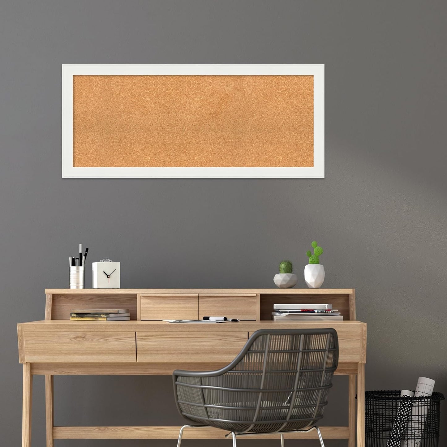 Amanti Art Natural Cork Board for Wall, 21x49 Vision Board with White Frame, Oversize Corkboard Office Decor for Home Organization, Casual Corkboard Pinboard to Display Items for Home Organization in