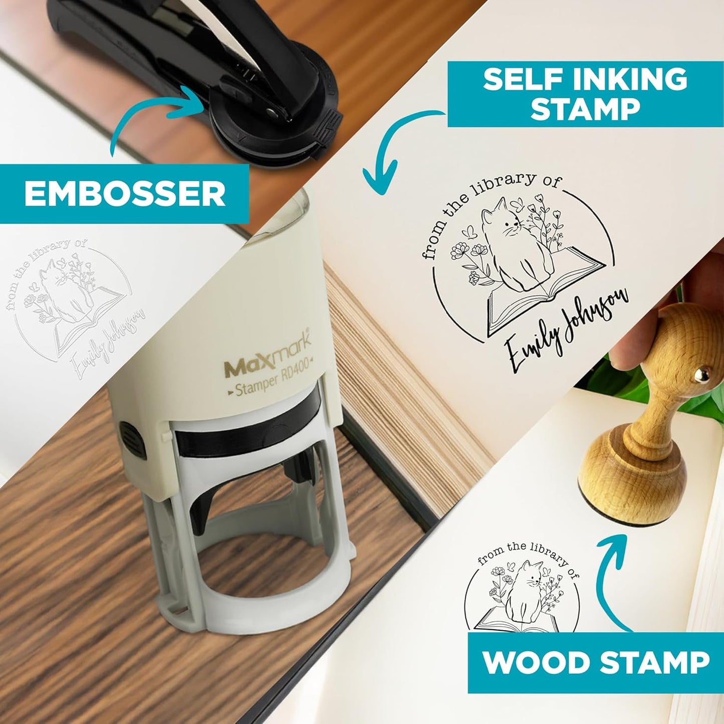 Custom Library Embosser - Style 110 - Embosser, Wood Stamp or Self Inking Stamp - Book Embosser Includes 50 Gold Seals - Custom Stamp Seal from The Library of