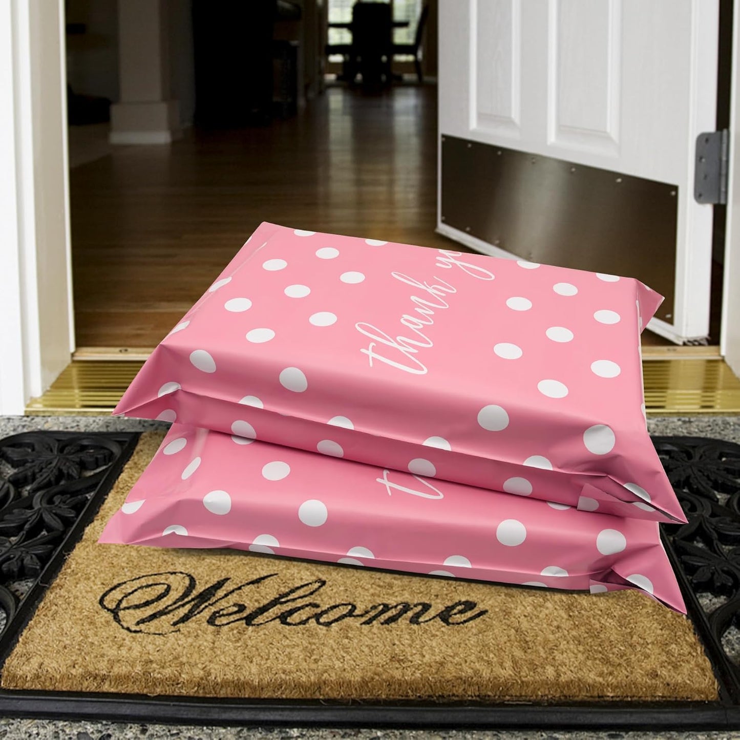 Thank You Poly Mailers 12x15.5 Inch 50 Pcs - Pink Dots printed Shipping Bags, 2.4mil Thickness, Waterproof and Tear Resistant Mailing Envelopes, Self-Sealing Packaging Bags for Small Business