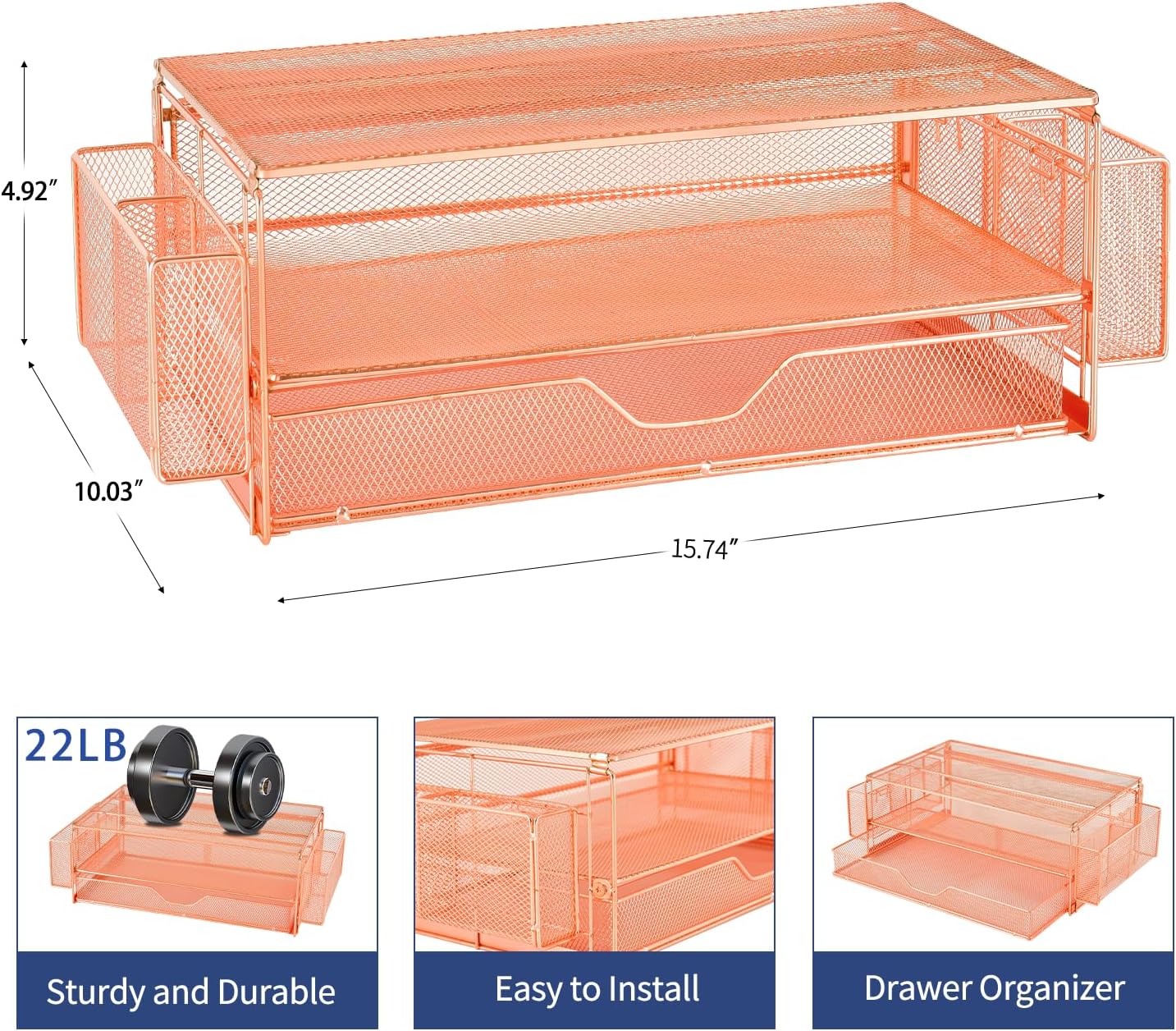AUPSEN Computer Monitor Stands Riser，2-Tier Desk Organizers and Accessories, Office Desk Accessories Organizer with Drawers and 2 Pen Holder for Office Supplies (Rose Gold)