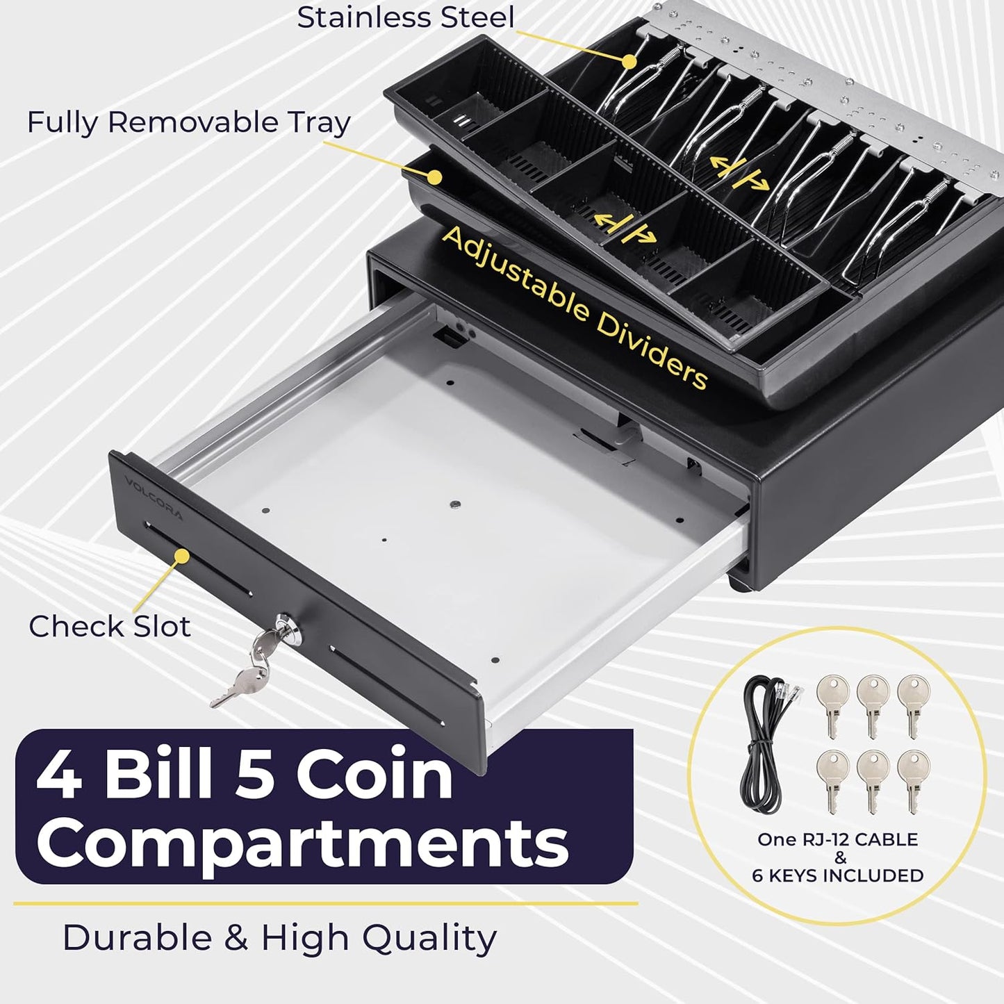Volcora 13" Cash Register Drawer for Point of Sale (POS) System with Fully Removable 2 Tier Cash Tray, 4 Bill/5 Coin, 24V, RJ11/RJ12 Key-Lock, Double Media Slot, Small Money Drawer, Black
