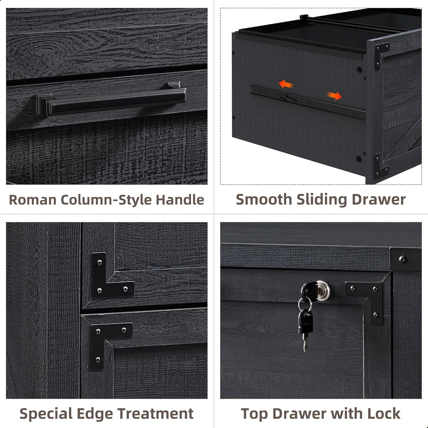 JXQTLINGMU 2 Drawer Farmhouse File Cabinet, Lateral Filing Cabinet with Lock for Home Office, Compatible Legal Letter A4 F4 Size, Black