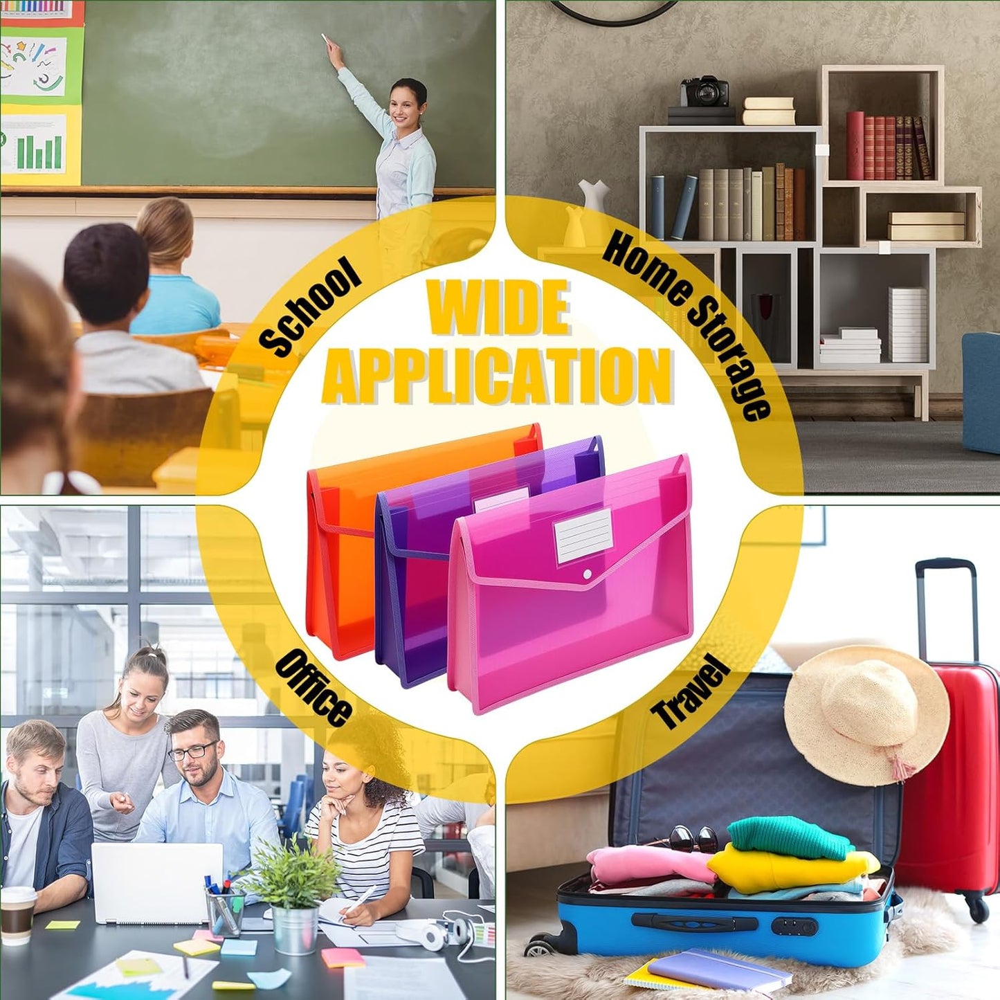 Epakh 3 Pack B4 Plastic Expanding File Folders Wallet for School Classroom Envelope File Folder Document Organizer Colorful Receipt Organizer with Snap Closure for Office (Pink Purple Orange)