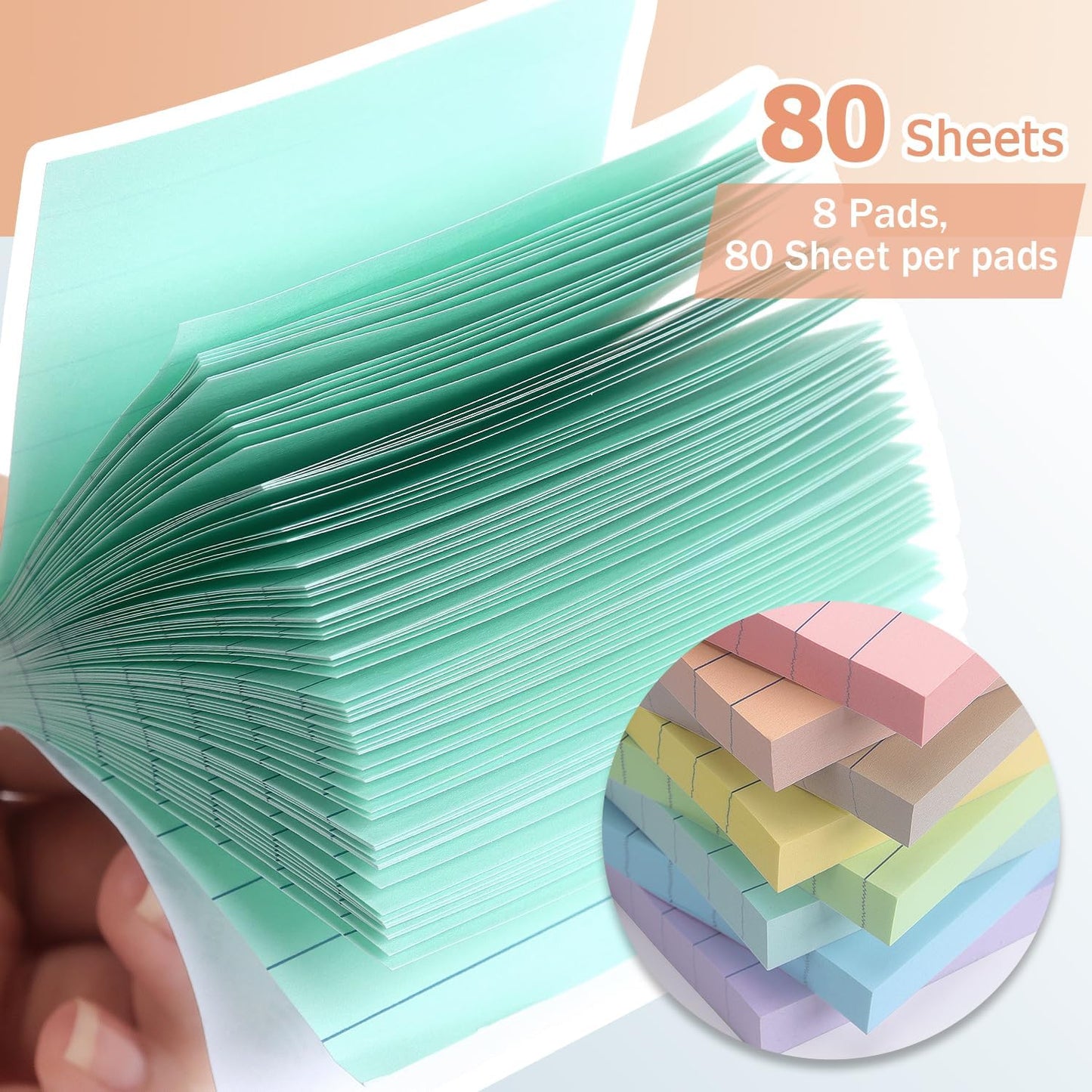 Lined Sticky Notes 3x3 Inch, 8 Pack, Light Colors, Premium Self-Adhesive Notepads, 640 Sheets, for Office, School & Home Use, Easy to Use, Reusable & Removable