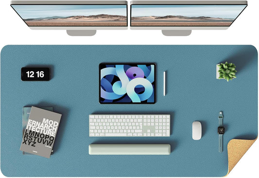 YSAGi Double-Sided Desk Mat, Eco Cork & Leather Desk Protector, Large Mouse Pad & Writing Pad for Office/Home (Sea Blue+Cork, 47.2" x 23.6")