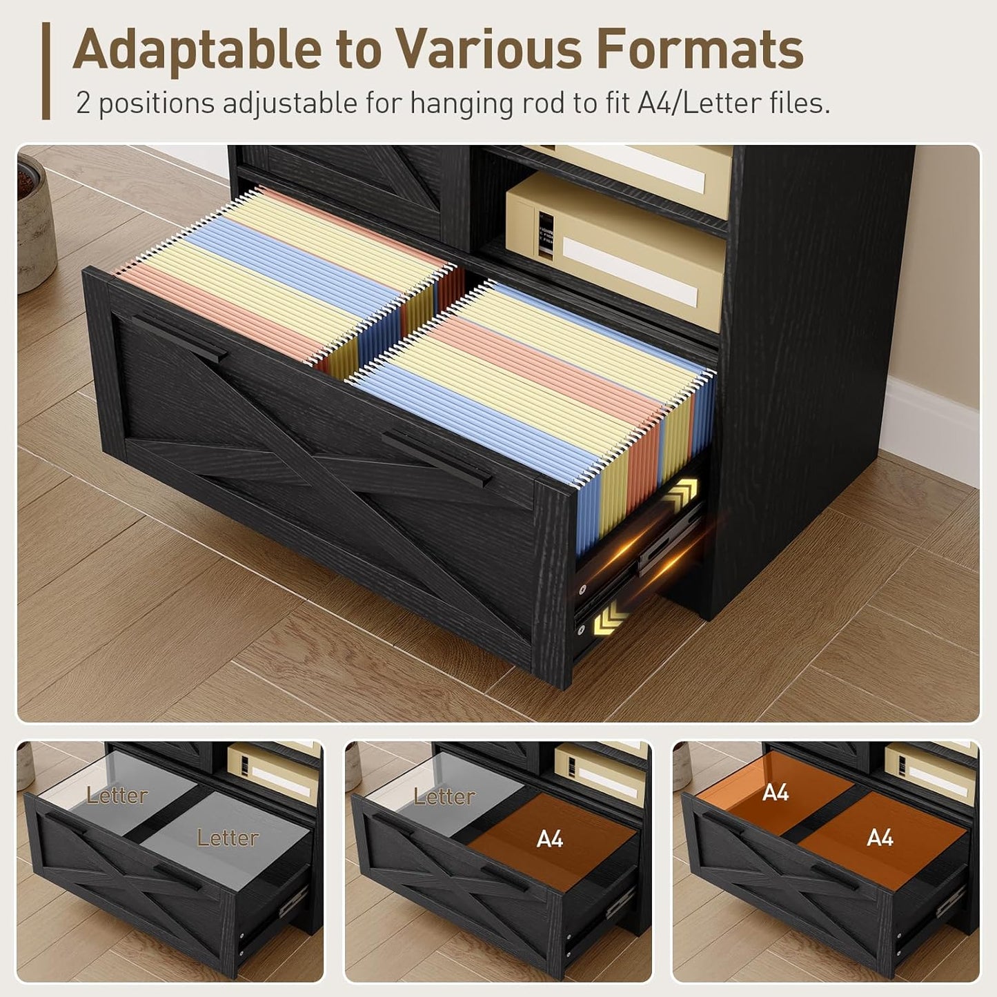 File Cabinet with Charging Station, Vertical Filing Cabinet with Shelves, Black File Cabinet for Home Office, Printer Stand with Open Storage Shelves & Barn Doors, Fits A4/Letter Files