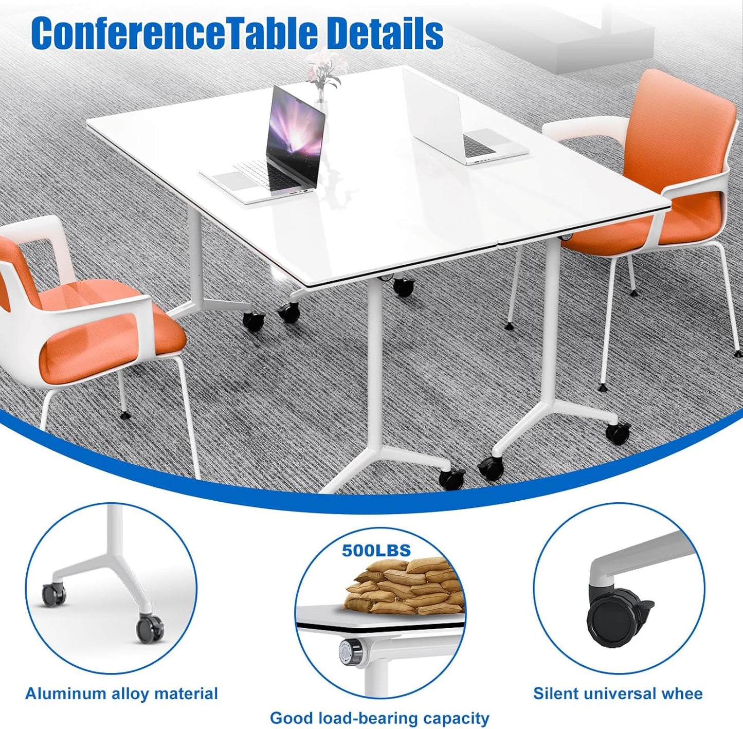 Conference Table, Folding Conference Desk Modern White, Seminar Table with Wheels, 2-10 People for Office, Meeting Break Room (4, 1915, 55IN)