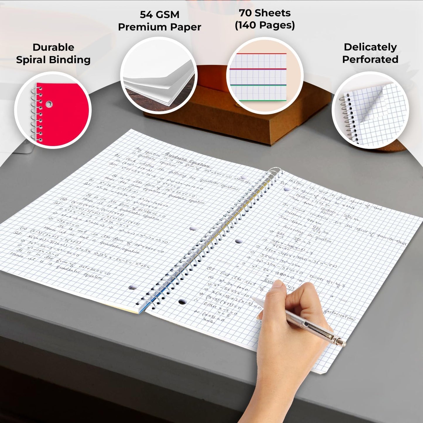 1 Subject Graph Paper Spiral Notebook, 12 Pack, 70 Sheets (140 Pages), 8 x 10-1/2" Bulk 4x4 Spiral Bound Grid Notebooks, 3 Hole Punched Single Subject Quad Ruled Spiral Notebooks for School