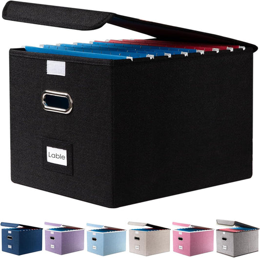 PRANDOM File Organizer Box - Set of 1 Collapsible Decorative Linen Filing Storage Hanging File Folders with Lids Office Cabinet Letter Size Black (15x12.2x10.75 inch)