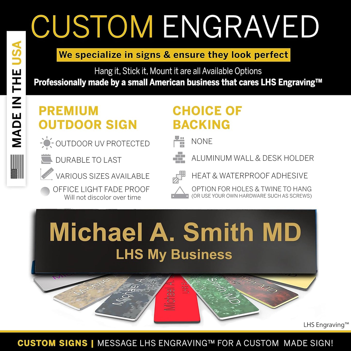 Engraved Door Signs for Office Personalized Black Plastic Door Plaque Gold Letters - Made in USA 2x4 B3