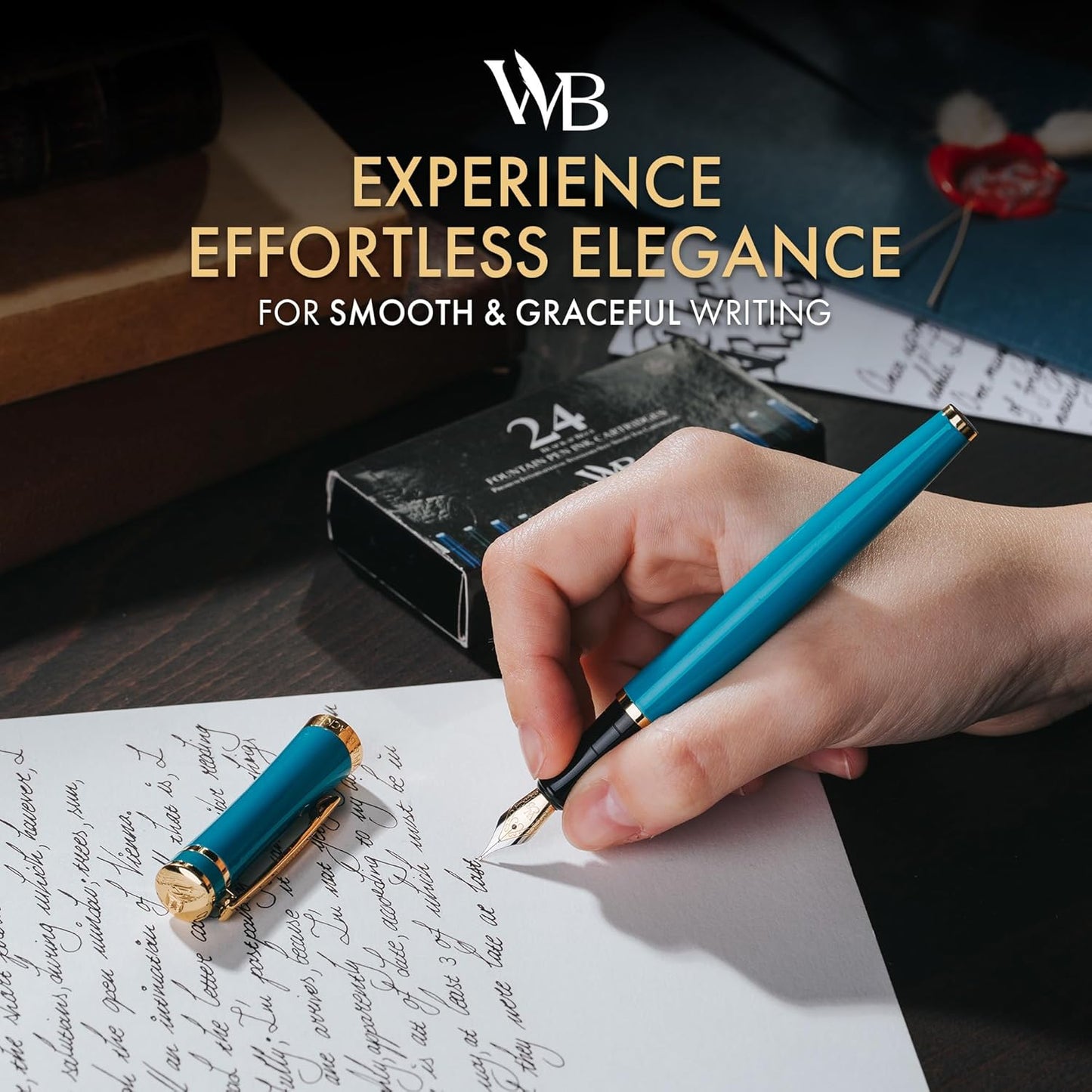 Wordsworth & Black Fountain Pen Set, 18K Gilded Medium Nib, Includes 24 Pack Ink Cartridges, Ink Refill Converter & Gift Box, Gold Finish, Calligraphy, [Turquoise Gold], Perfect for Men & Women