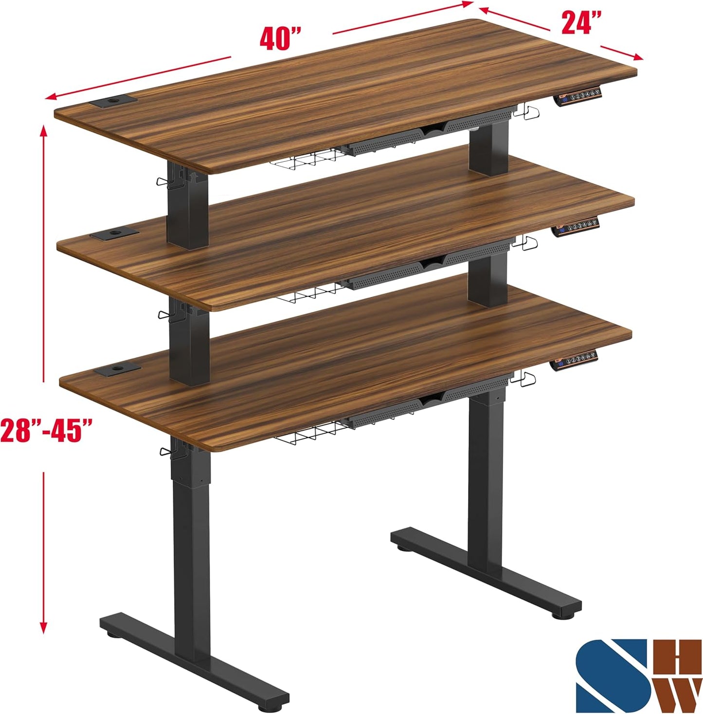 SHW 40-Inch Electric Height Adjustable Standing Desk with Drawer, Memory Preset and Cable Management Tray, Walnut