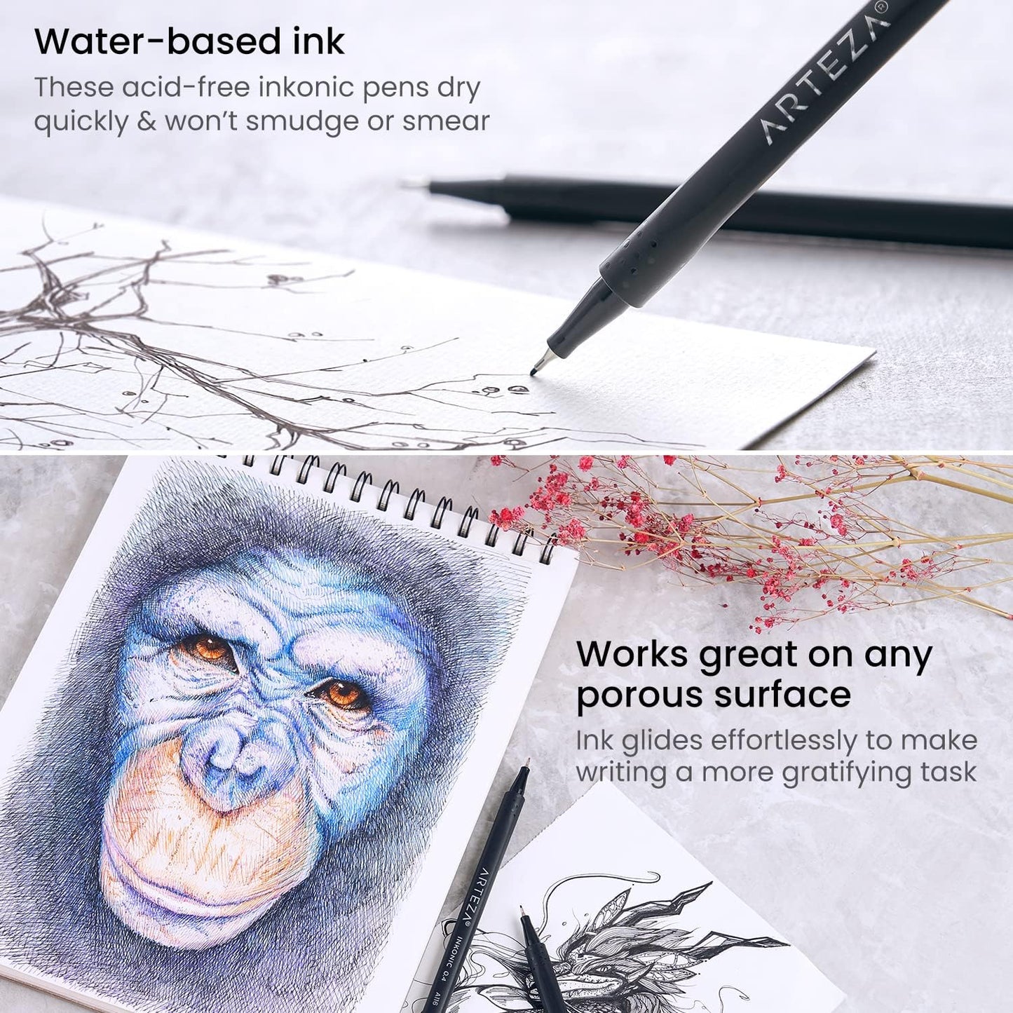 ARTEZA Inkonic Fineliners Pens, Set of 120, 0.4 mm Fine Tip Markers, Water-Based Art Pens for Drawing, Sketching, Journaling, Calligraphy