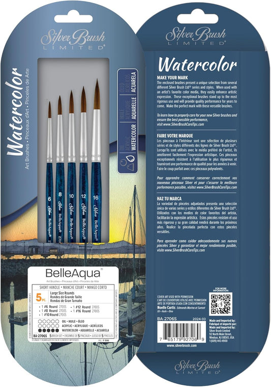 Silver Brush Limited BA-2706S BelleAqua Larger Size Round Watercolor Brush Set, 5pc Professional Short Handle Premium Soft Synthetic Red Sable Round Paint Brush Set, Sizes 6, 8, 10, 12, and 16