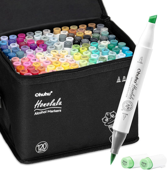Ohuhu Alcohol Markers Brush Tip -Double Tipped Art Marker Set for Artist Adults Coloring Illustration - 120 Colors- Brush & Chisel Dual Tips- Honolulu of Ohuhu Markers- Refillable Alcohol-based Ink