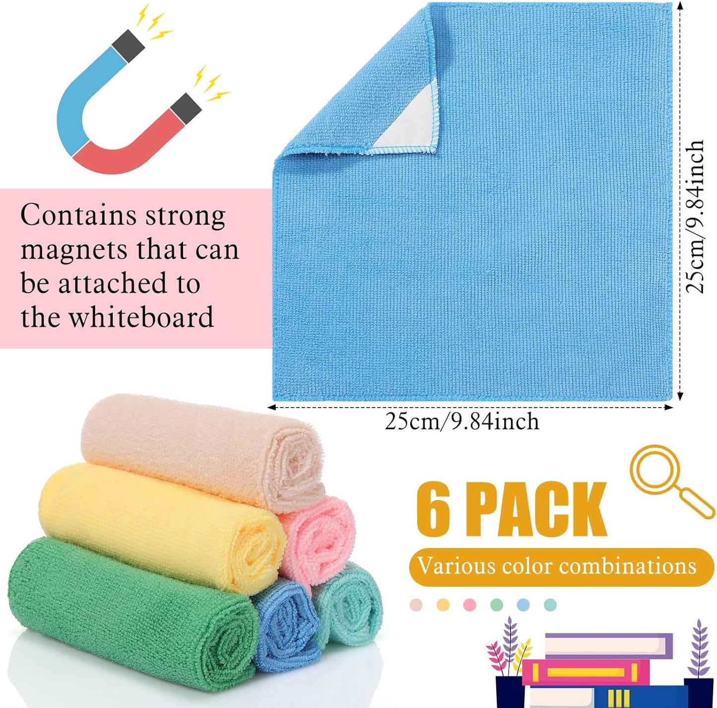 6 Pack Magnetic Whiteboard Cleaning Cloth Extra Strong Magnetism 10'' X 10'' Colorful Microfiber Dry Erase Cloth Reusable Washable Whiteboard Eraser for Classroom, Home and Office Use(Macaroon Color)