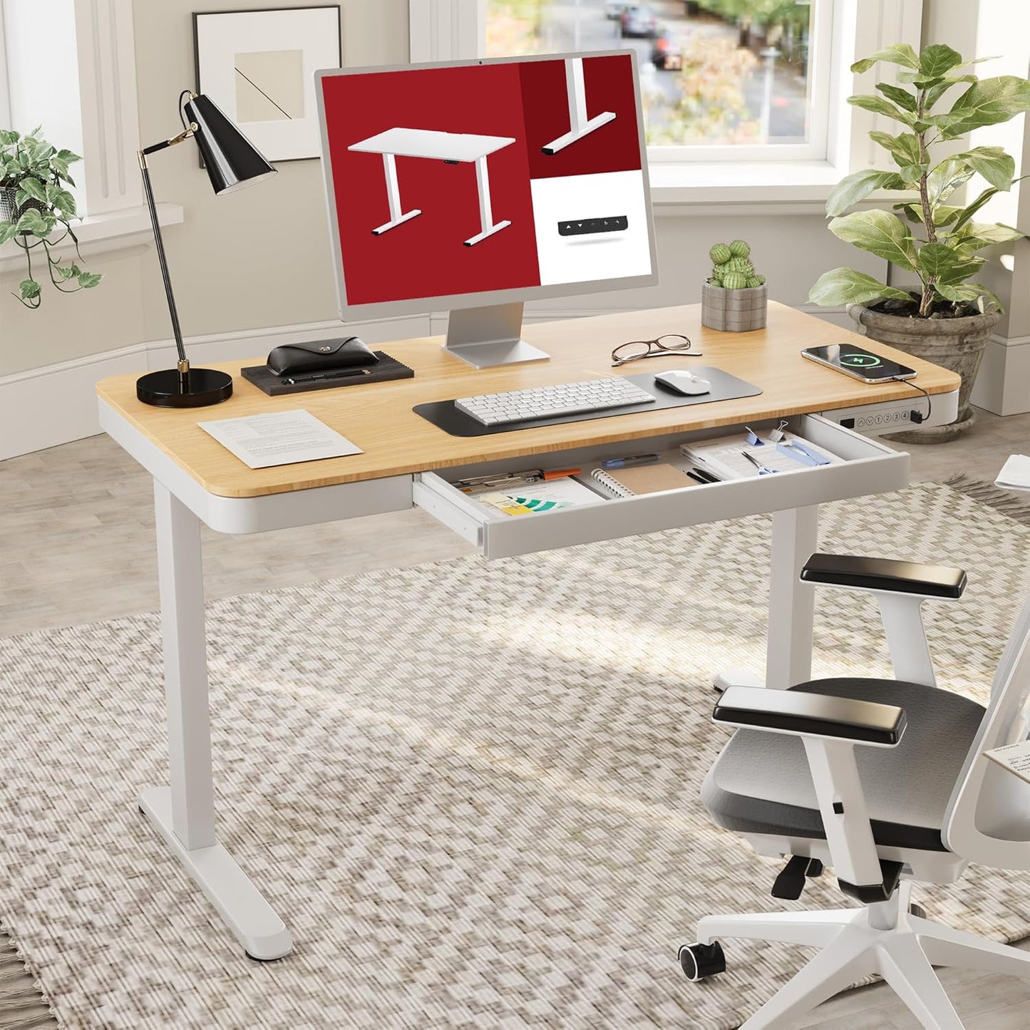 Standing Desk with Drawer, Electric Height Adjustable Home Office Desk with Storage & USB Ports, 48 inch Maple Wood Tabletop/White Frame