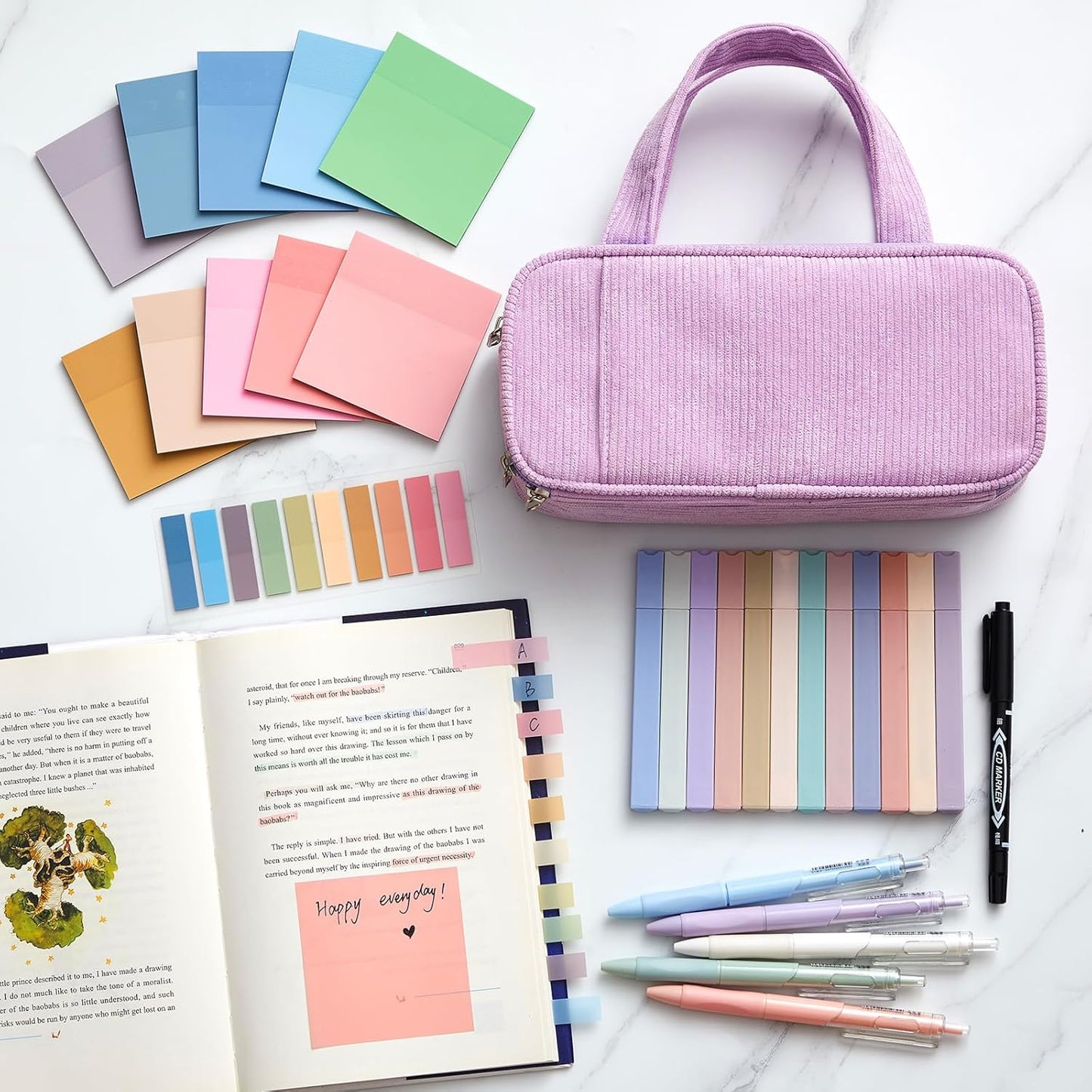 Jutom 39 Pcs Aesthetic Book Annotation Kit Highlighter with Pencil Case Bag Gel Pen Transparent Sticky Note Taking Bible Study College School Supplies(Light Purple,Classic Style)