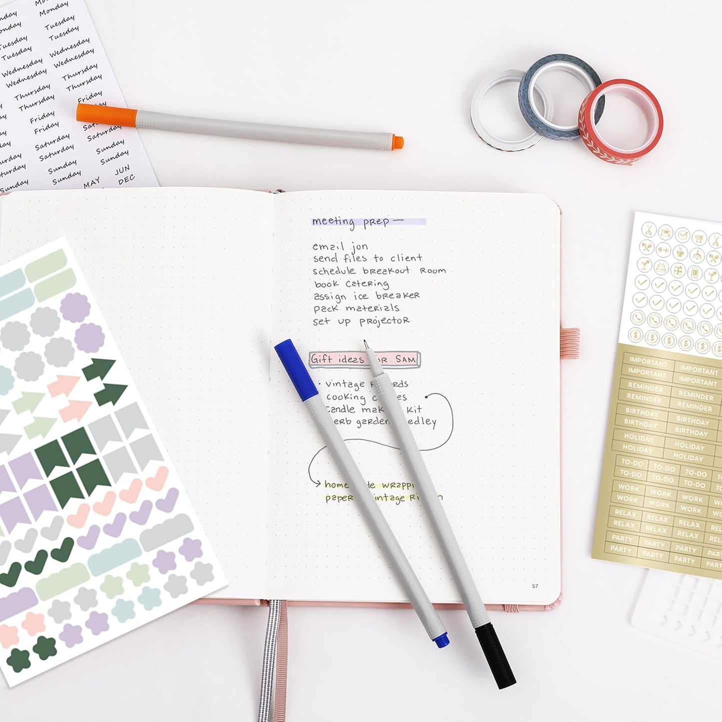 &And Per Se Dotted Journal Notebook Set, A5 Hardcover Dotted Journal (Pink), 6 Fineliner Pens, 8 Sticker, 5 Stencil Sheets & 6 Washi Tapes, Journaling Supplies for Planner Schedule