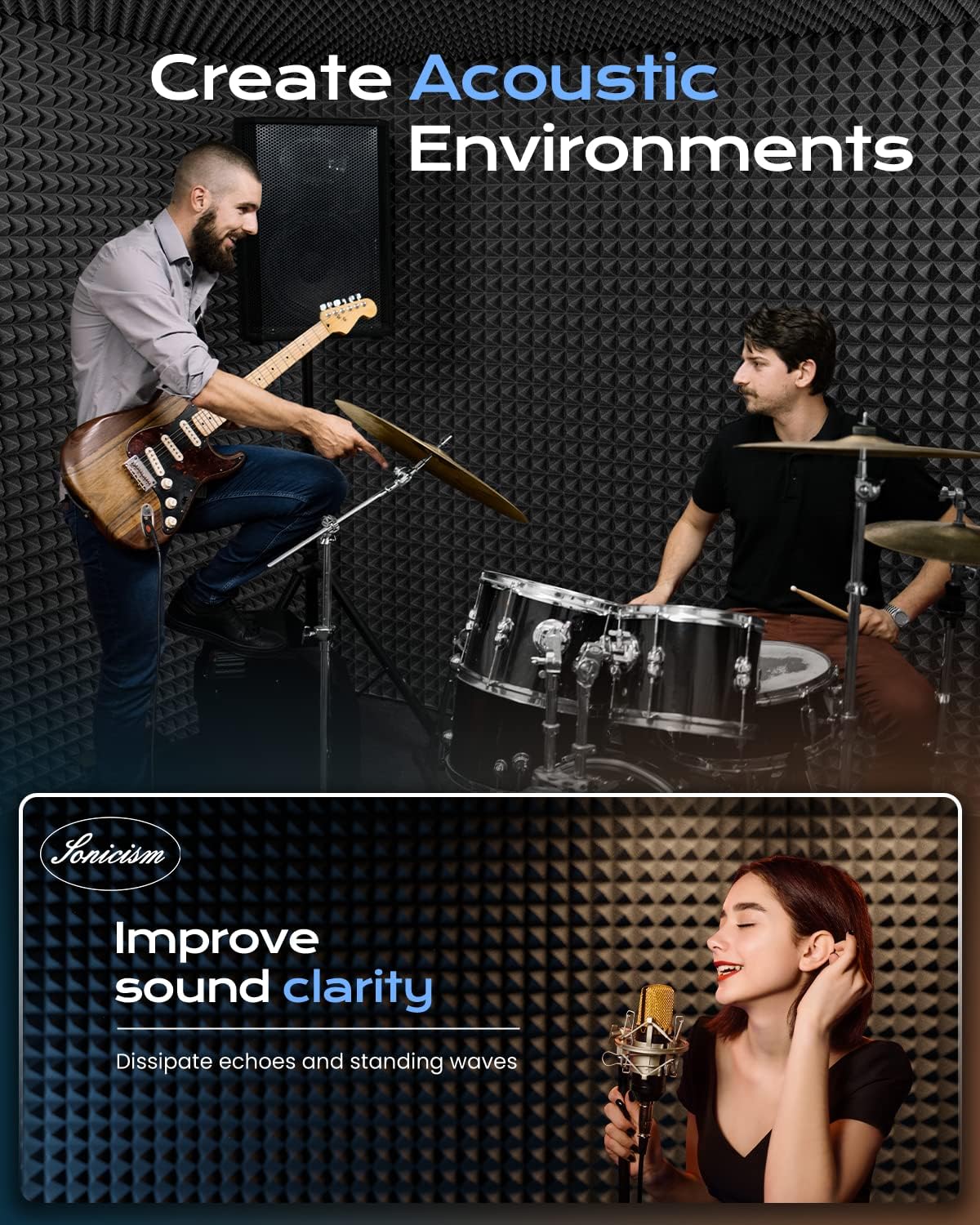 Sonicism Sound Proof Foam Panels for walls Self-Adhesive 30 Pack Pyramid 12" X 12" X 2" Acoustic Panels 35kg/m³High Density,Soundproof Wall Panels Fast Expand,Sound Absorption and Decoration,Black
