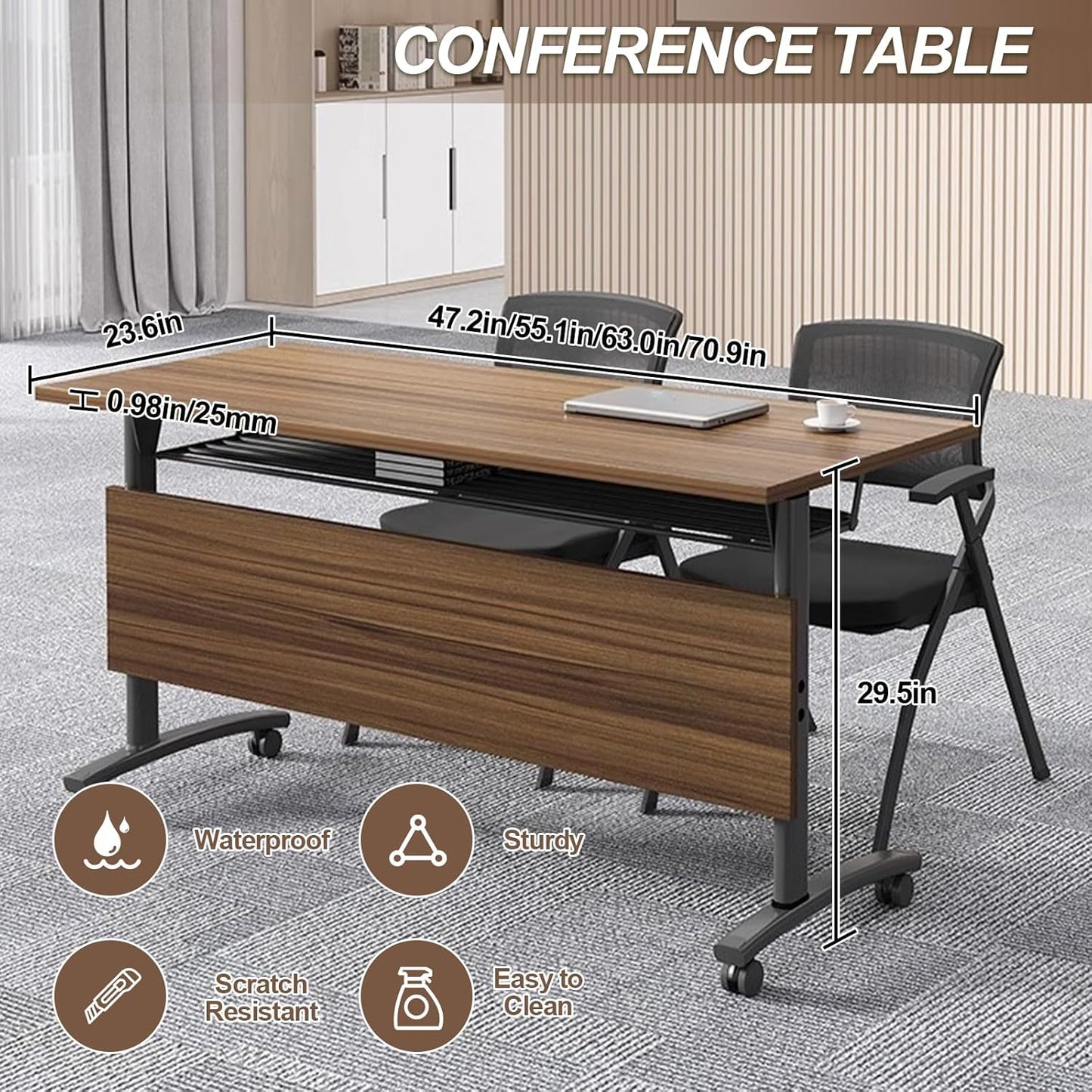 Folding Conference Room Table, Modern Conference Tables with Wheels, Large Rectangular Mobile Training Tables for Office Classroom, Foldable Modular Boardroom Seminar Table Walnut (8pack L55.1in)