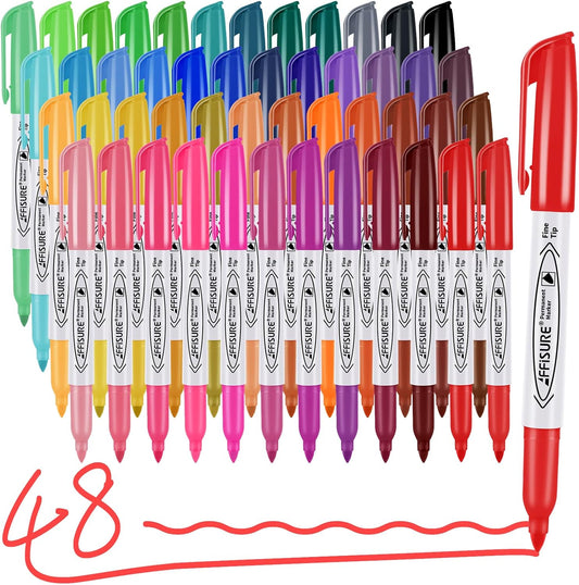48 Colors Permanent Markers, Assorted Colors Vibrant Markers, Fine Point，Works on Wood, Plastic, Metal, and More, for Adults, Artist, Teacher, Kids, 48 Pack