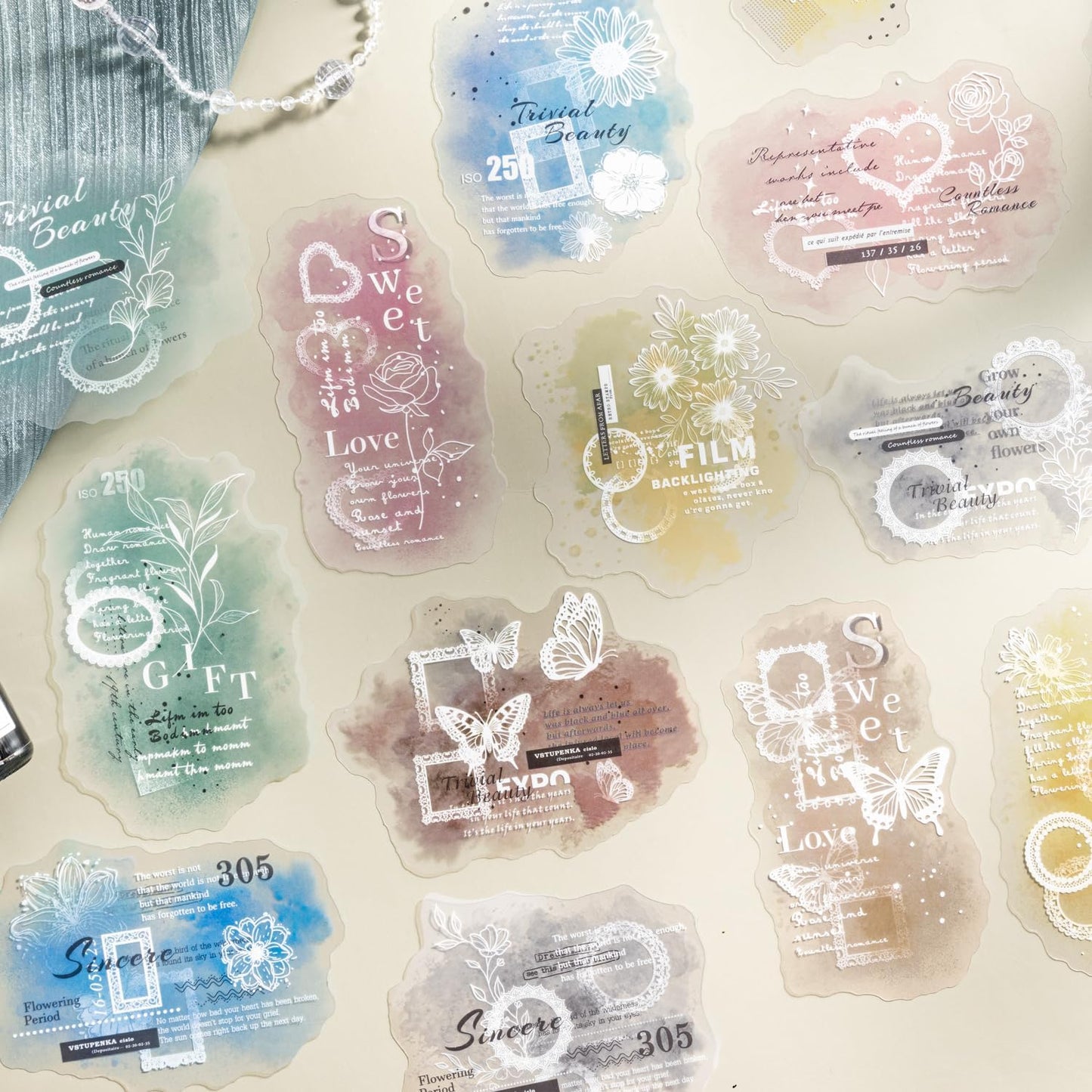 Lace PET Stickers, 60 PCS Vintage Ephemera for Scrapbooking, Journaling, Crafting, DIY Projects, and Art Supplies
