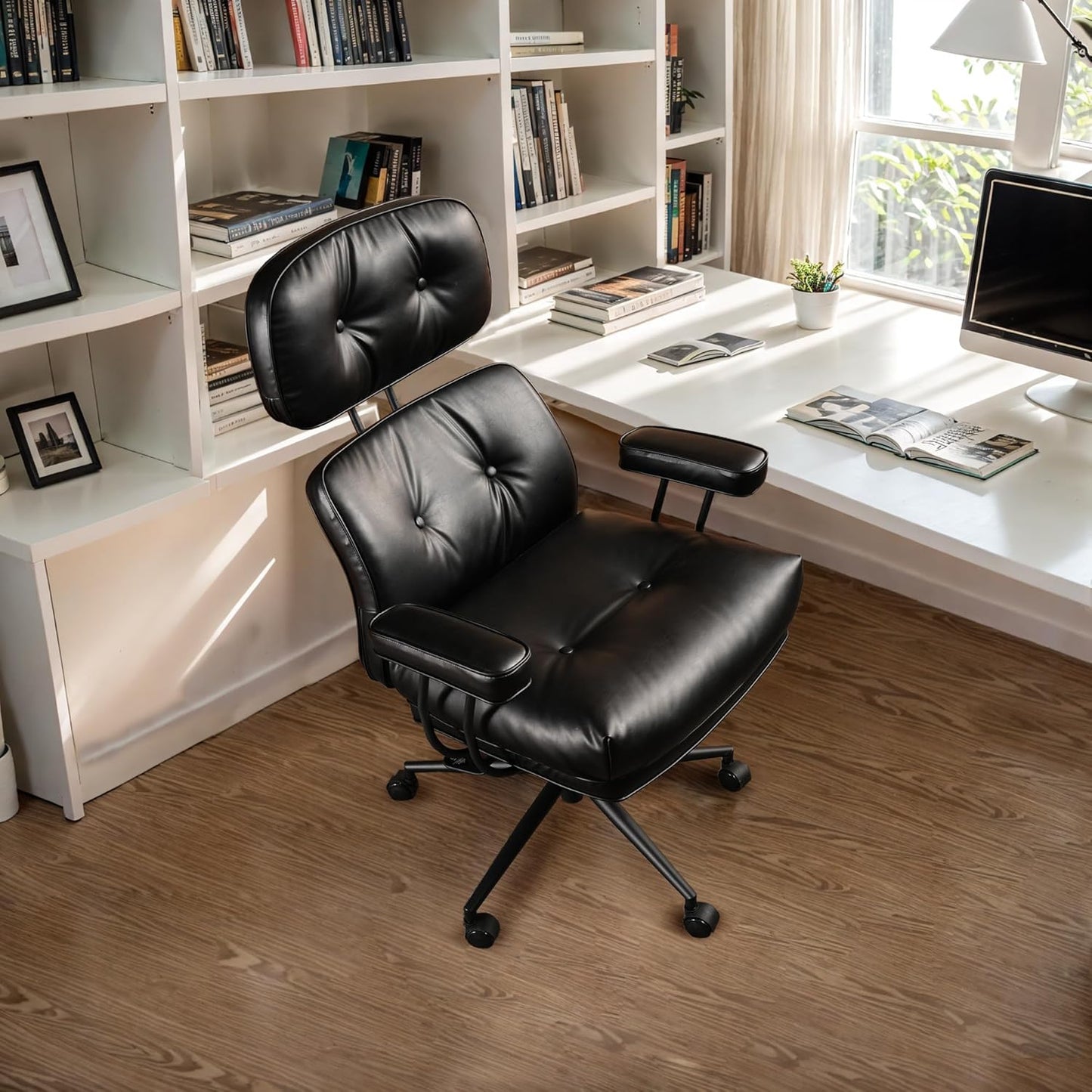 Faux Leather Executive Office Chair - Big and Tall Ergonomic Home Office Chair,Reclining Computer Desk Chair with Lumbar Support,Adjustable Task Chair Swivel Rolling PC Chair with Wheels,Black,PU