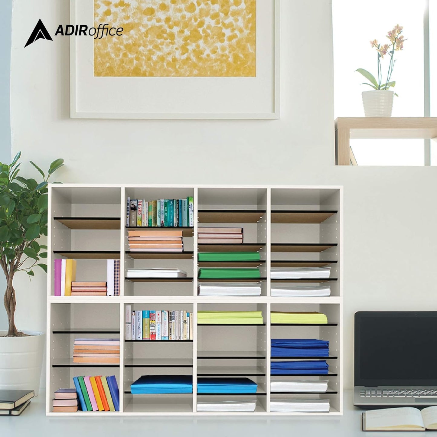 AdirOffice Wooden Adjustable Literature Organizer, 24 Compartment Office Mailbox, or Classroom Literature Organizer, White