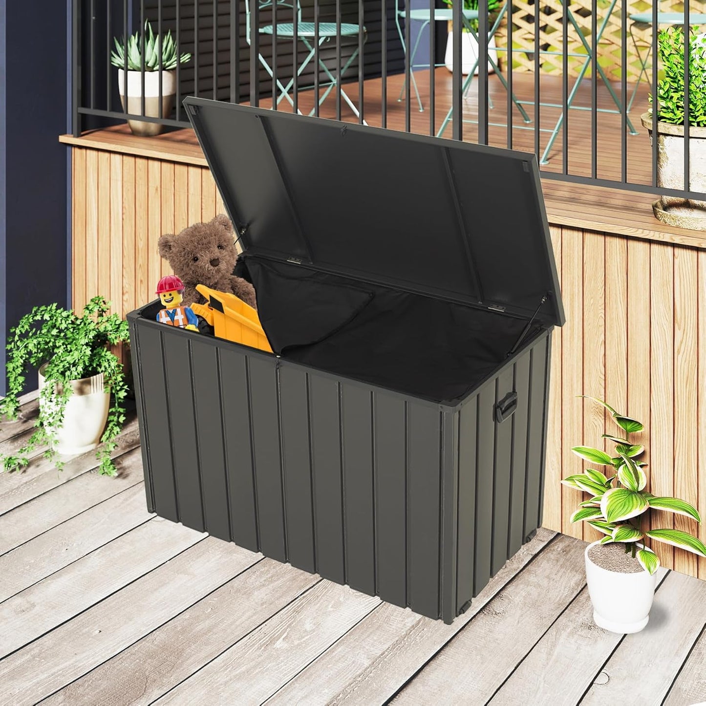 Domi Outdoor Storage Deck Box 100 Gallon, Outdoor Deck Box with Waterproof Storage Bag for Outside Cushions, Garden Tools and Pools Equipment, Gray