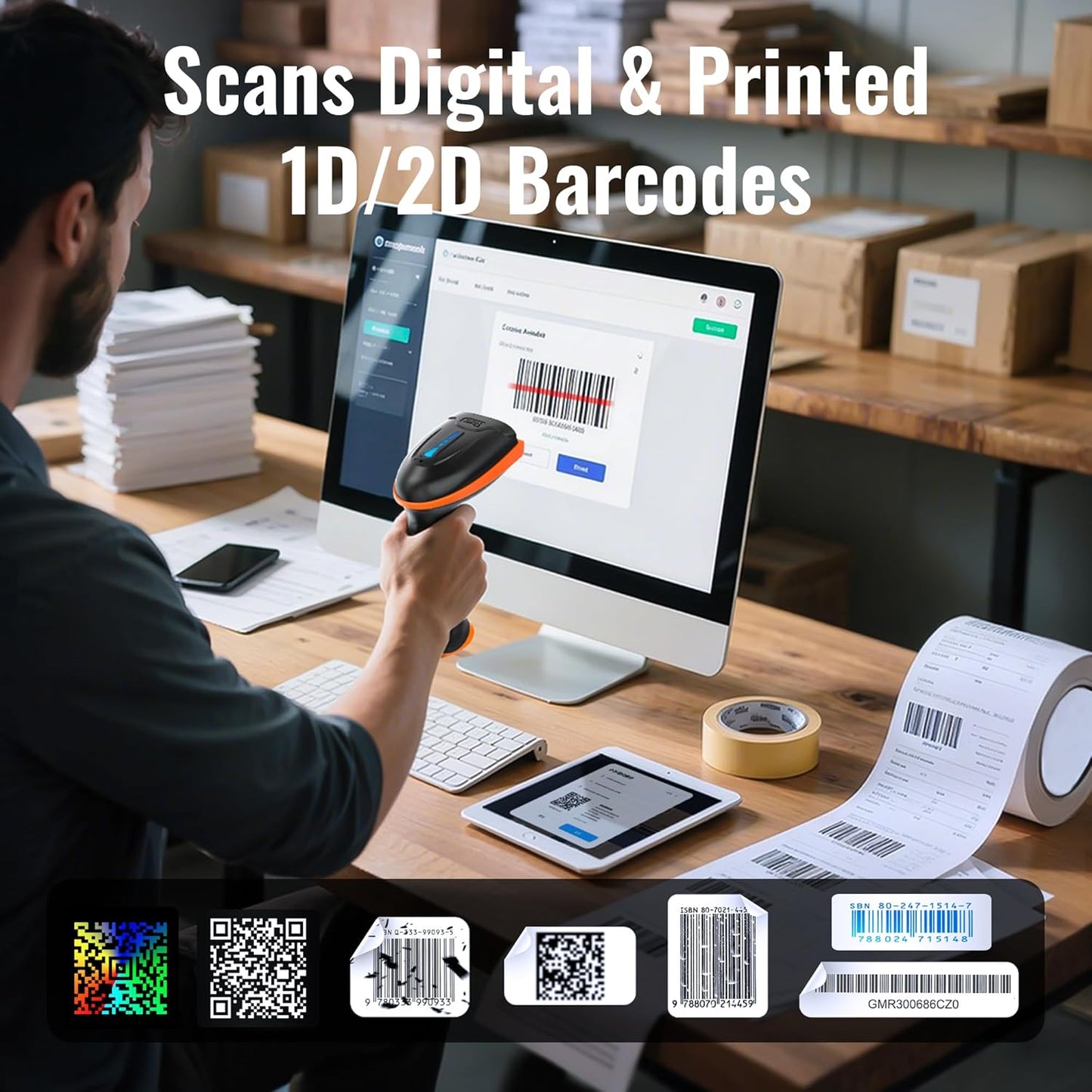 Tera 1D 2D QR Barcode Scanner Wireless and Wired with Battery Level Indicator Digital Printed Bar Code Reader Cordless Handheld Barcode Scanner Compact Plug and Play Model D5100