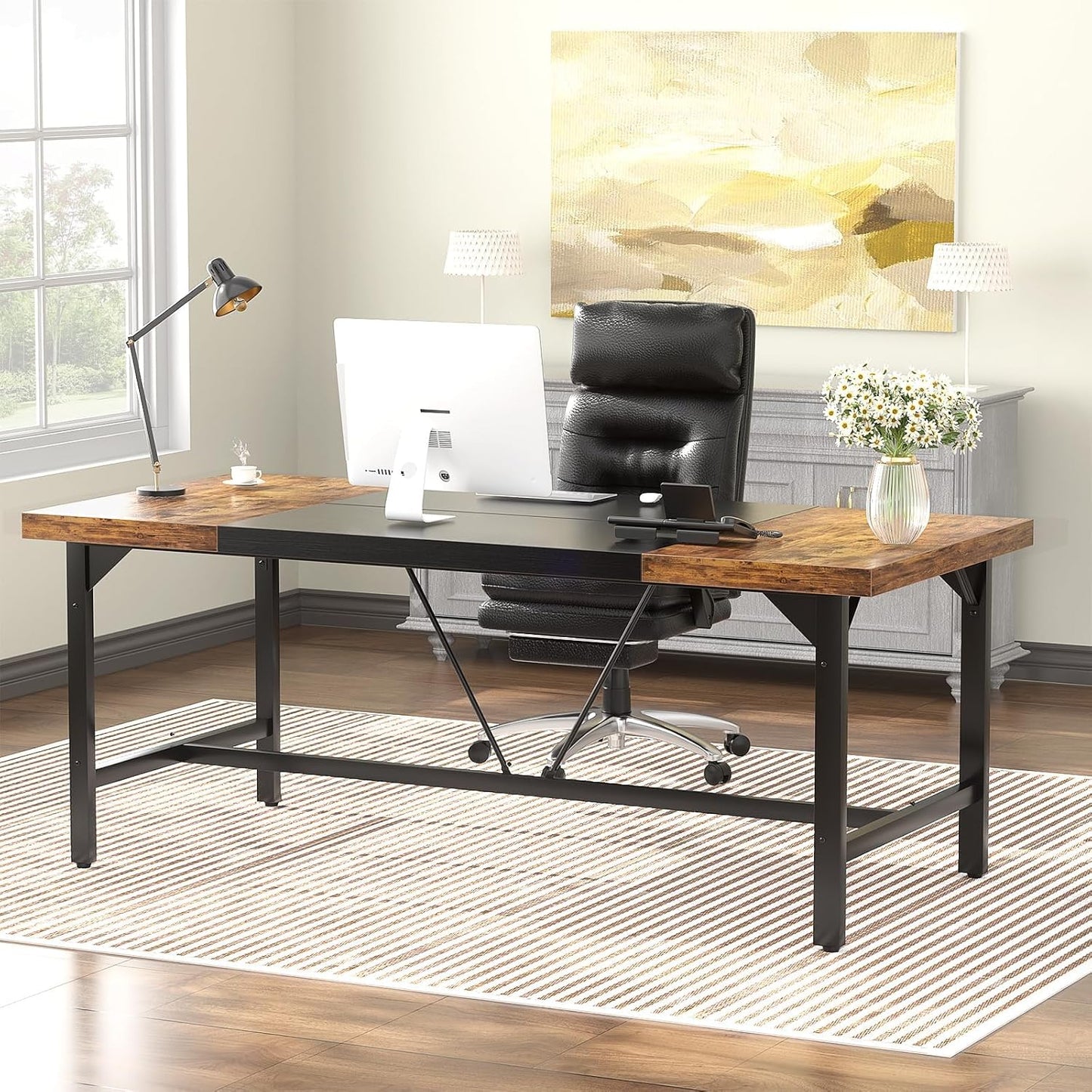 Unikito Large Computer Desk, 63 x 31.5 Inch Long Office Desks, Premium Sturdy 2 Person Desk, 1.4” Thick Study Writing Table, Modern Laptop Computer Table for Home Office Workstation, Rustic Brown