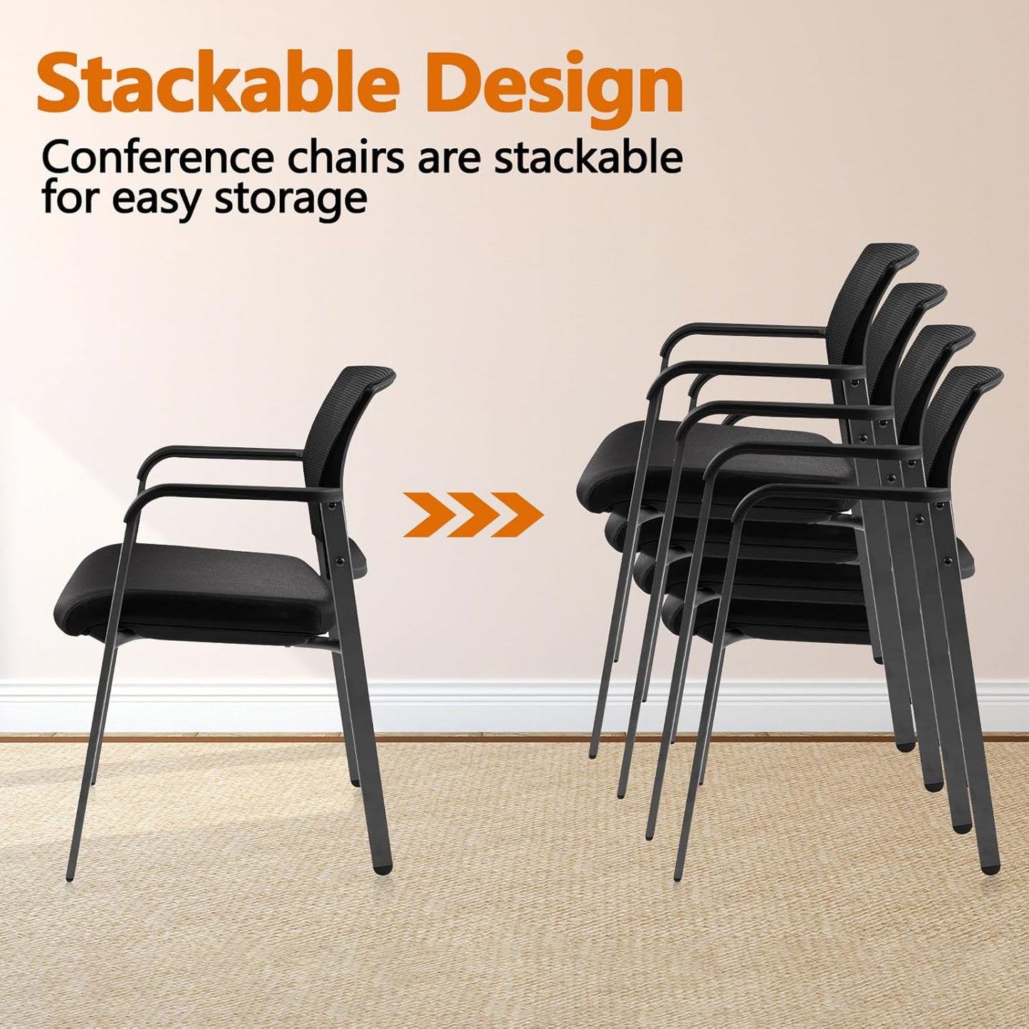 CLATINA Mesh Back Stacking Arm Chairs with Upholstered Fabric Seat and Ergonomic Lumber Support for Office School Church Guest Reception Black