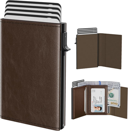 typecase Mens Wallet Card Holder: Pop Up Aluminum Case, Genuine Leather, Smart, RFID Blocking, Slim, Minimalist, Front Pocket - 9-14 Card Capacity | ID Window | Cash Slot (Black Brown)