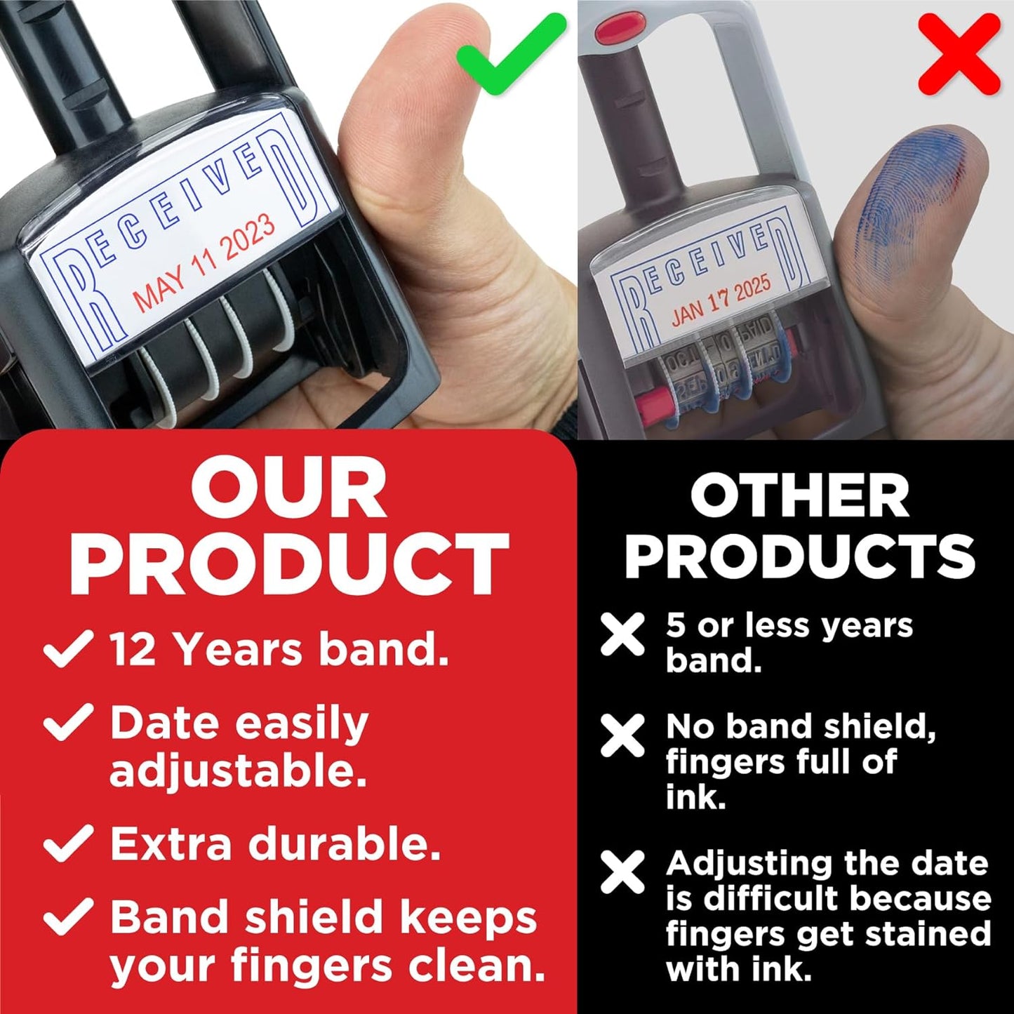 Self-Inking Rubber Date Office Stamp with Entered Phrase - Blue Ink & Date Red Ink - 12-Year Band