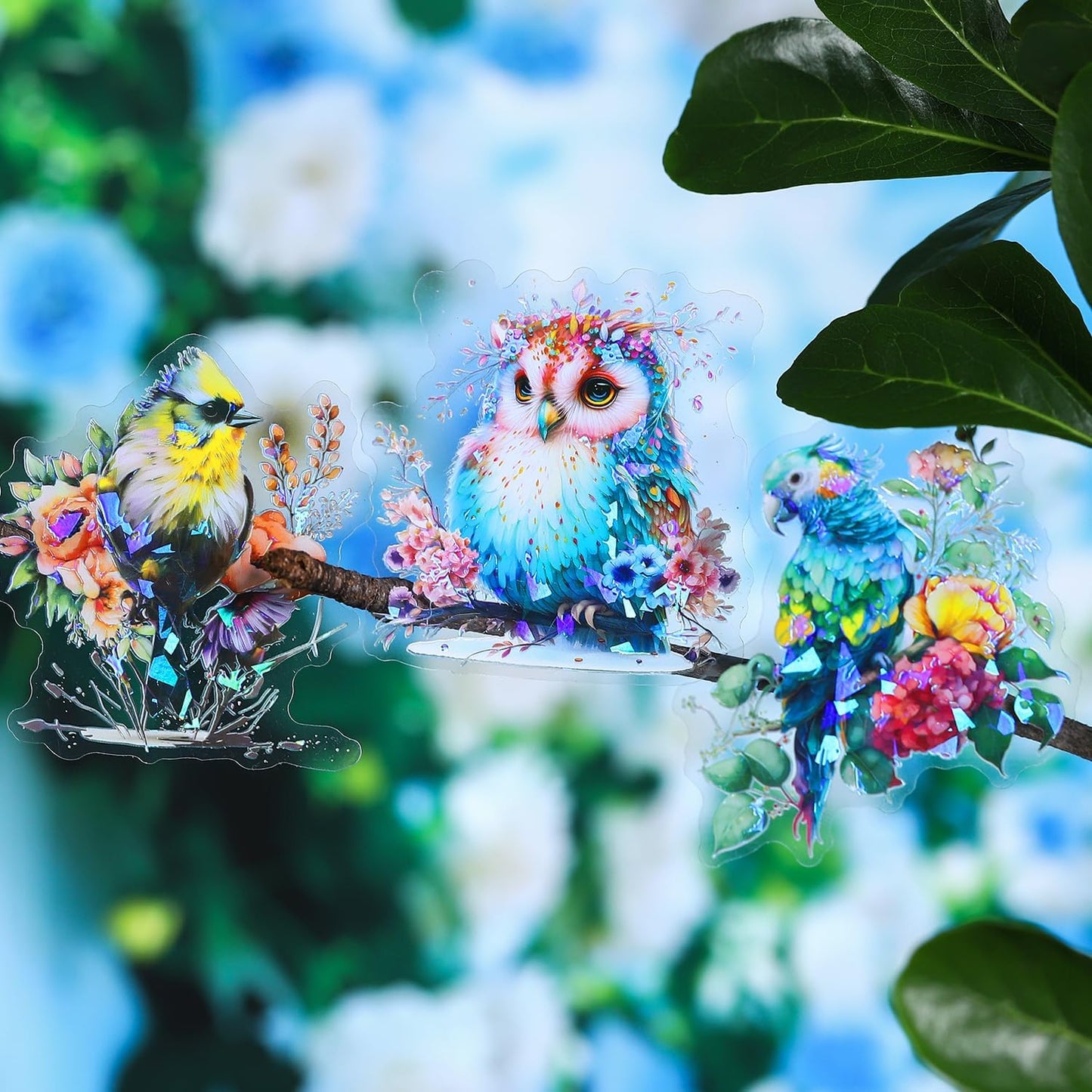 60Pcs Flowers and Birds PET Stickers, Holographic Nature Designs for Scrapbooking, Journaling Supplies, Junk Journal Ephemera, Includes Organizer