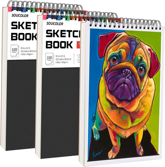 Soucolor Art and Craft Paper for Kids Adults Artists Doodles, School Projects & Home Painting, 9"x12" Bulk Sketch Books 3-Pack (100 Sheets Each) | Spiral Bound Drawing Paper Acid Free (68lb/100gsm)