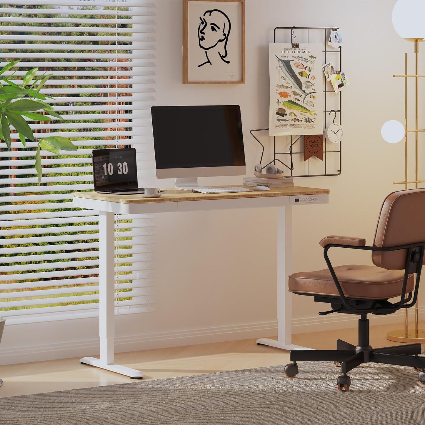 FLEXISPOT Comhar Electric Standing Desk with Drawer Desktop & Adjustable Frame w/USB Charge Ports (Bamboo Texture/White, Wood)