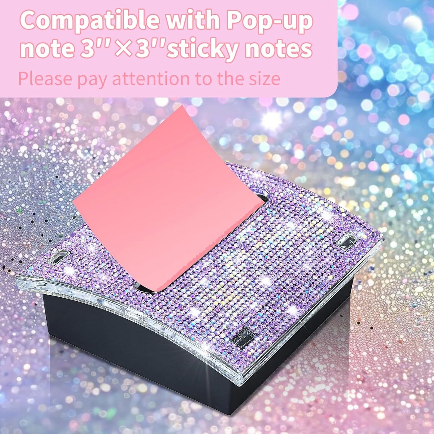 Rhinestone Self Sticky Note Holder Post it Note Dispenser Pop-Up Sticky Notes Dispenser 3 x 3 inch Post it Dispenser for Office Desk Accessories(Purple)
