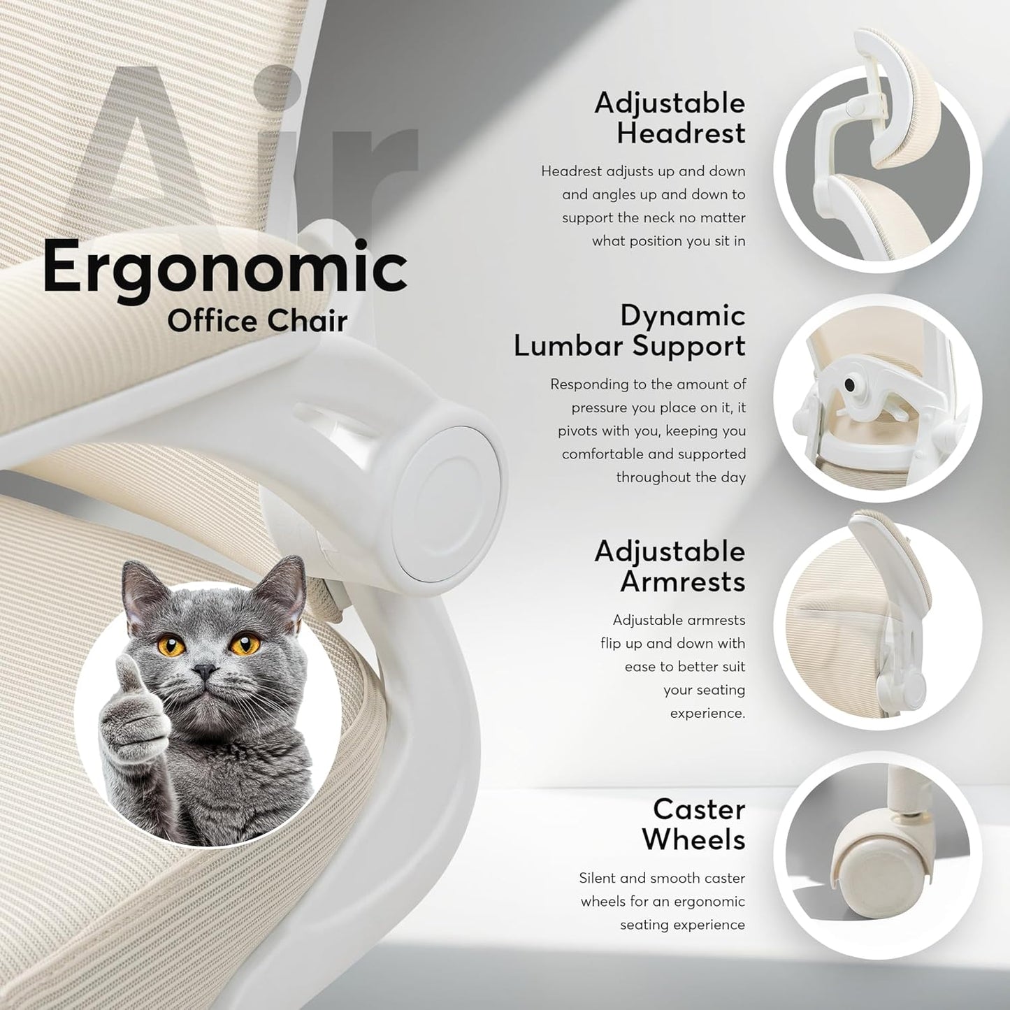 Oline ErgoAir Ergonomic Office Chair – Adjustable Lumbar Support, Flip-Up Armrests, Mesh Computer Desk Chair, Swivel Rolling Executive Gaming Chair for Home & Office (Beige)