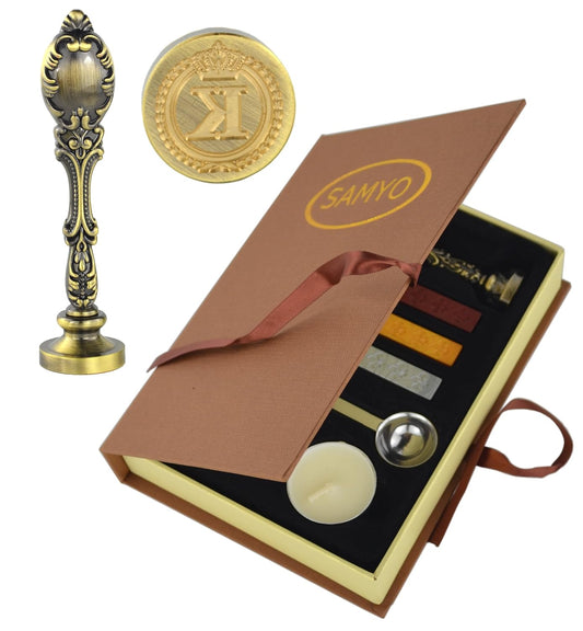 Samyo Creative Romantic Stamp Maker Classic Old-Fashioned Style Brass Color Wax Seal Sealing Stamp Vintage Antique Alphabet Initial Letter Set - (Letter K)
