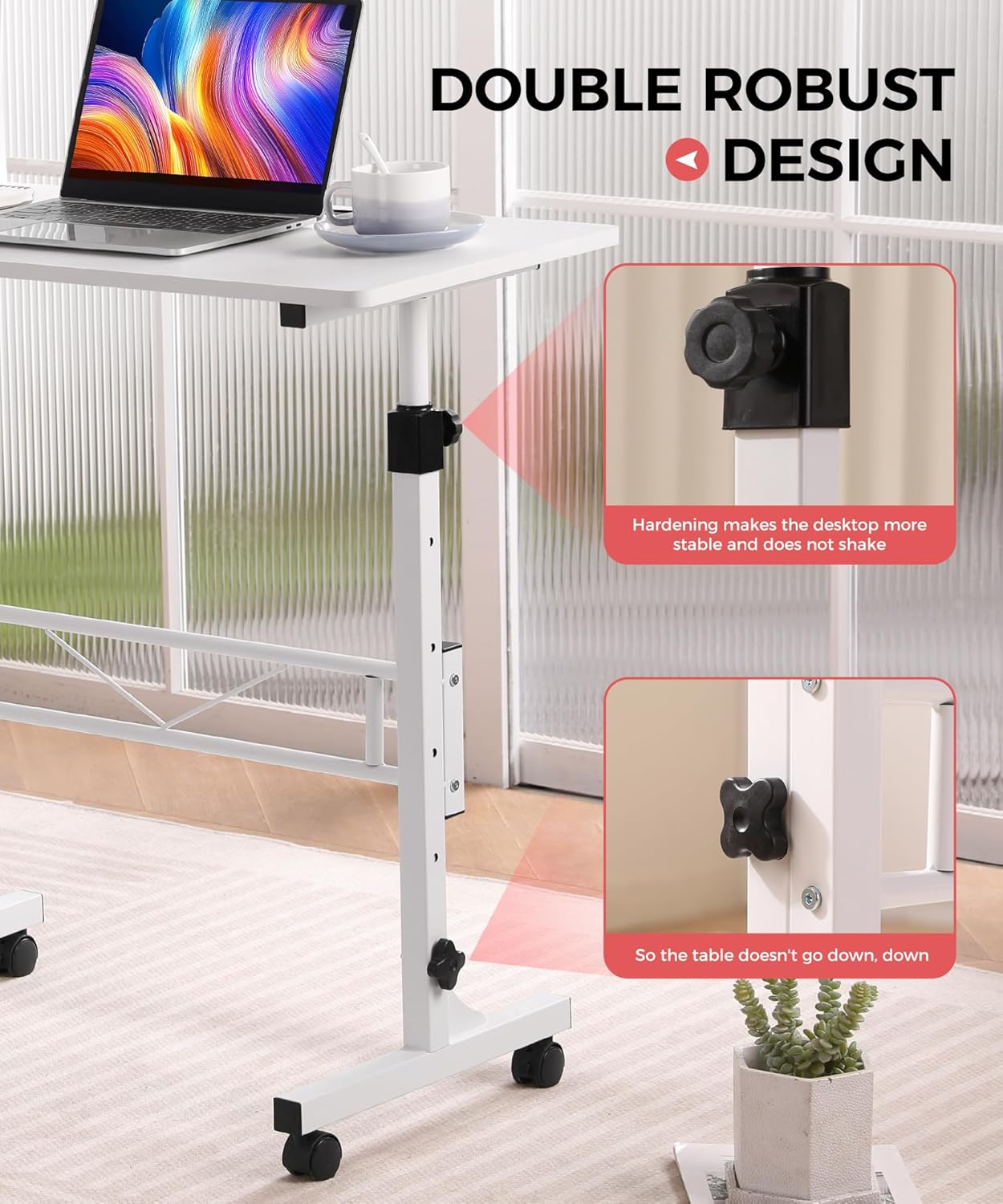 KLSMYHOKI Portable Standing Desk Adjustable Height, Small Computer, Laptop, Mobile Stand Up Rolling Desk with Wheels, Table for Home Office, 16"x31.5" Height 27"-43.5", White