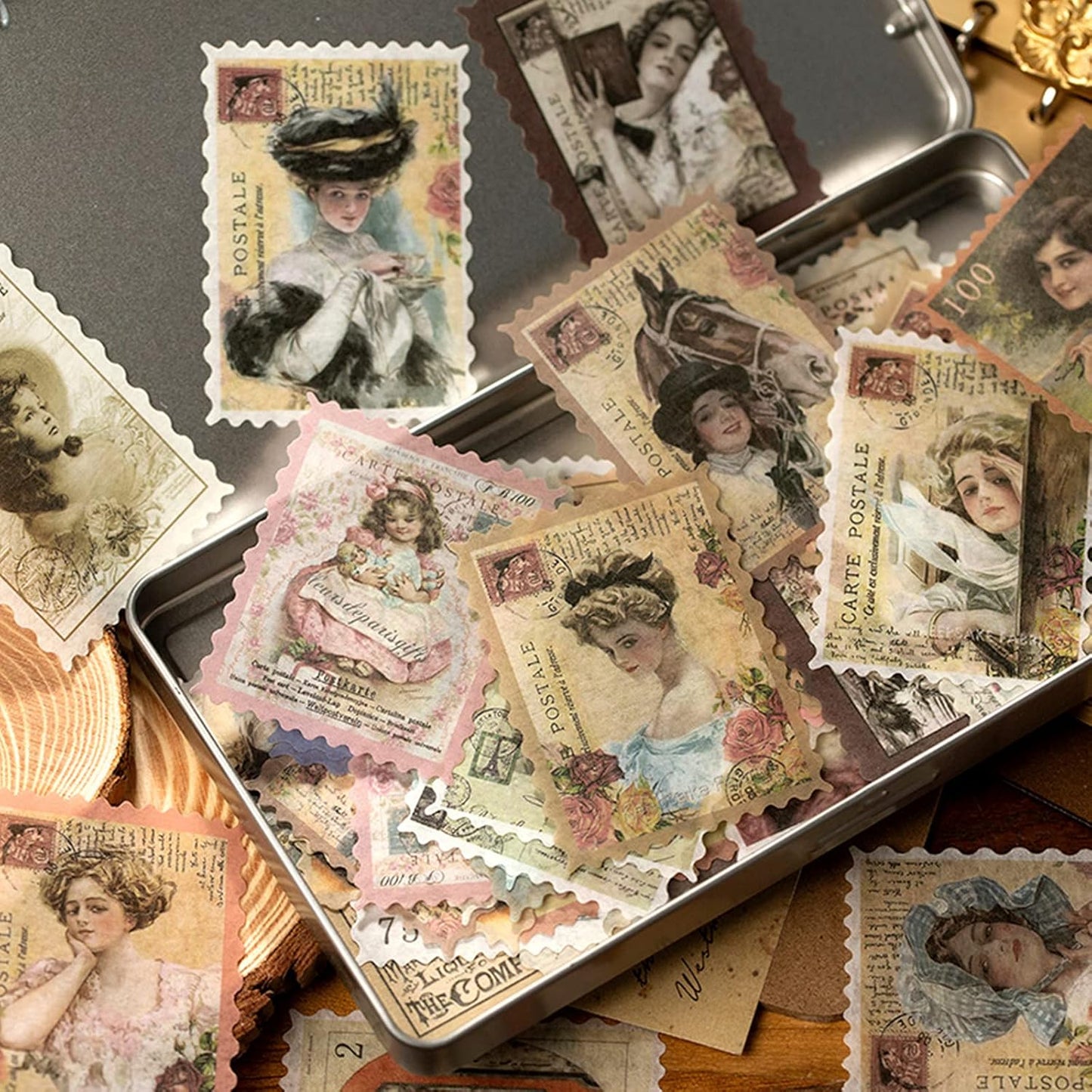 Vintage Flower Stickers, Postage Stamp Look Stickers, Aesthetic Botanical Deco Paper Sticker for Scrapbooking, Journaling Supplies, Planners, Kid DIY Art Crafts (Classical Beauty 60PCS)