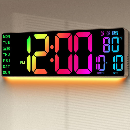 16.5" Large Digital Wall Clock: 11 RGB Colors Wall Mount Decor Clock for Living Room Bedroom Office Classroom, House Warming Gifts New Home Decor, Birthday Gifts for Men Women Brown