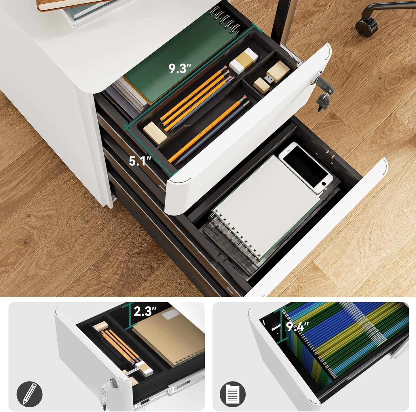 YITAHOME 3 Drawer File Cabinet, Mobile Filing Cabinet for Home Office, Metal Slim File Cabinet Drawers with Keys, Pre-Built Office Storage Cabinet for A4/Letter/Legal (White)